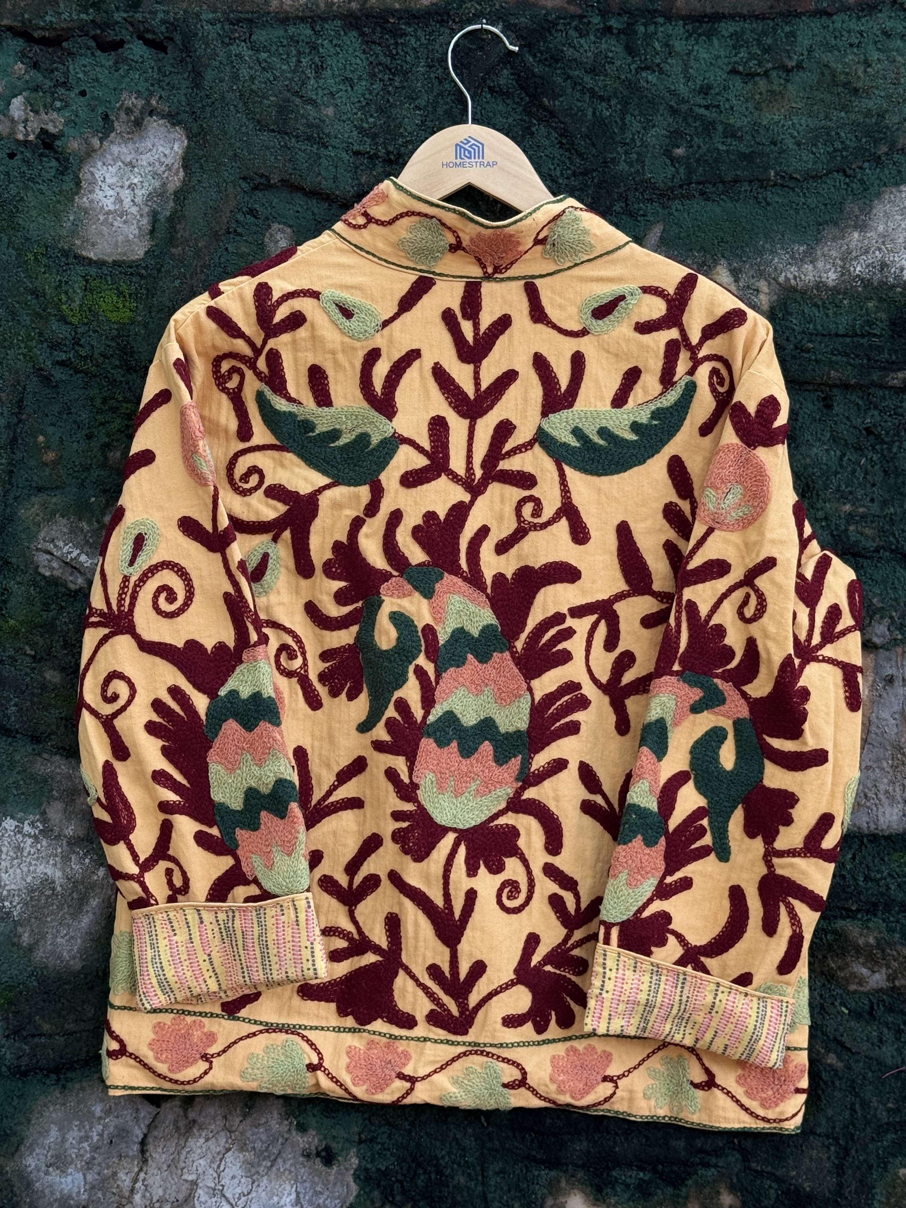 Womens Yellow Velvet Embroidered Jacket with Floral Design