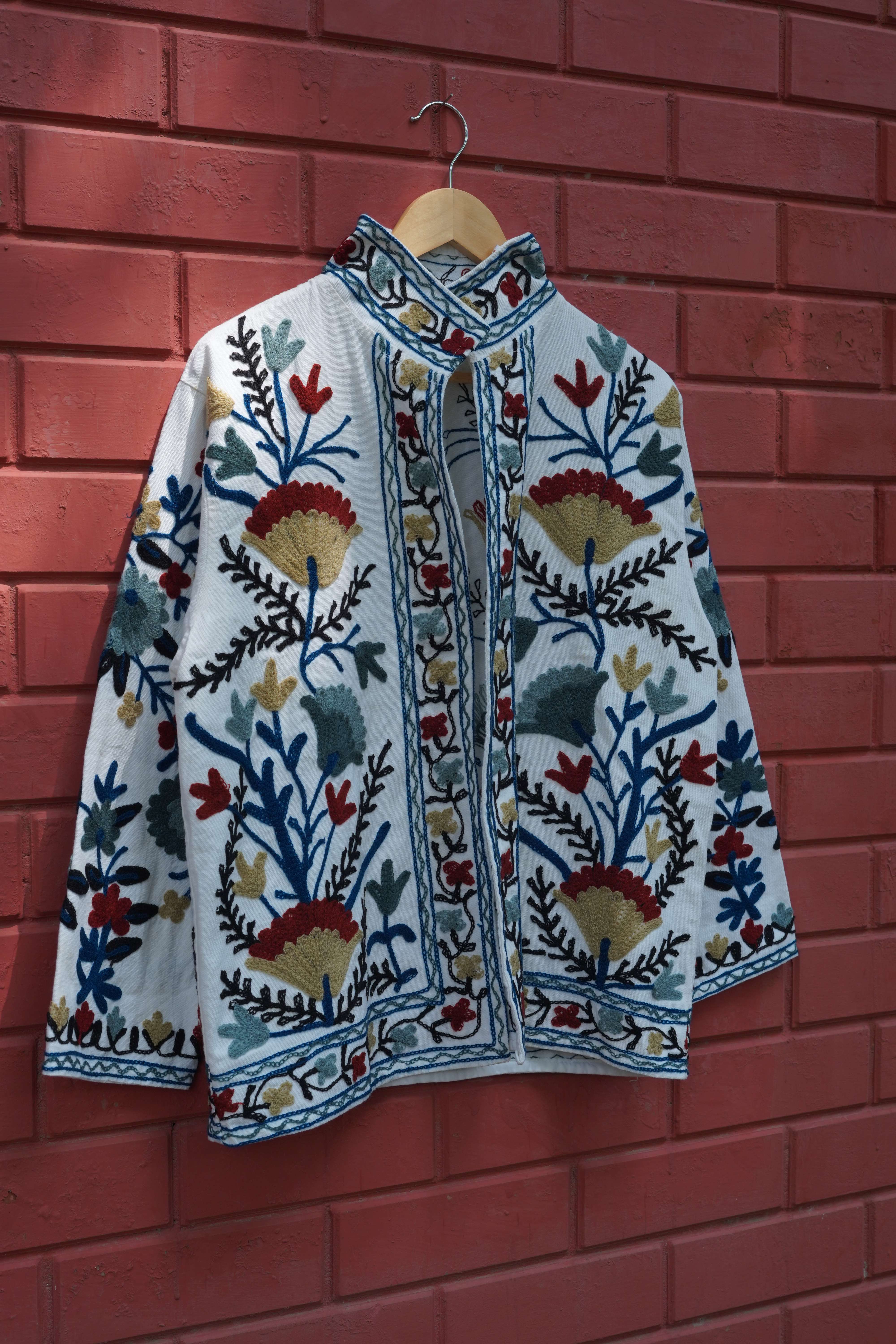 Womens White Velvet Embroidered Jacket with Floral Design
