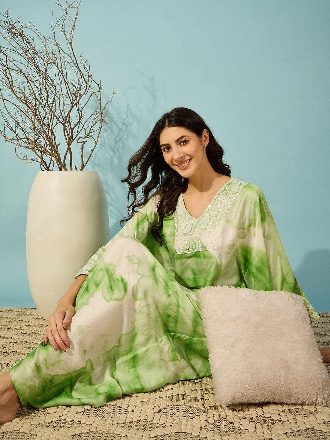 Women's Cotton Tie Dye Print Flowing Bell Sleeves Full Length Kaftan Drees Casual Beach Wear ( Green )