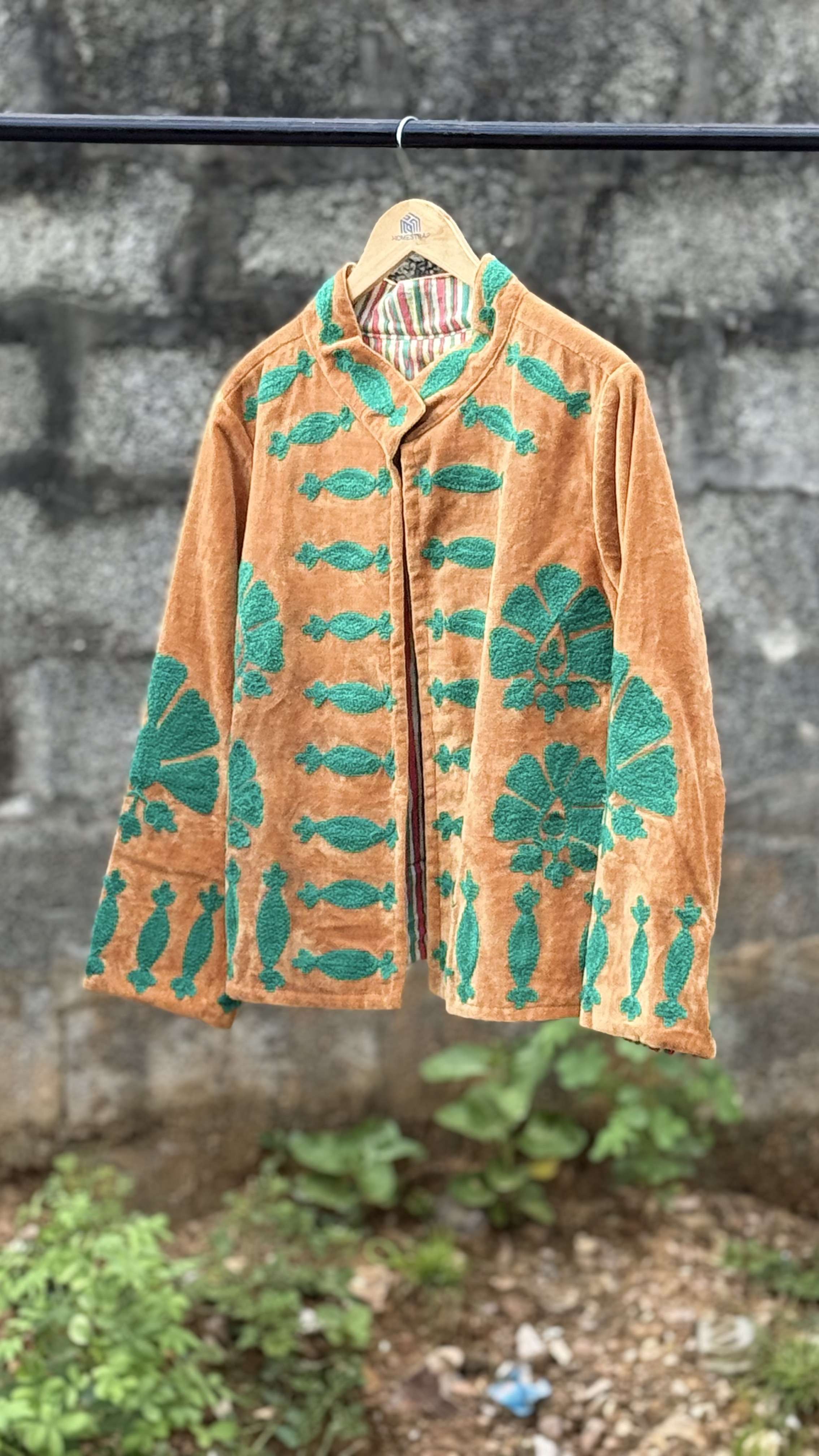 Womens Rust Velvet Embroidered Jacket with Floral Design