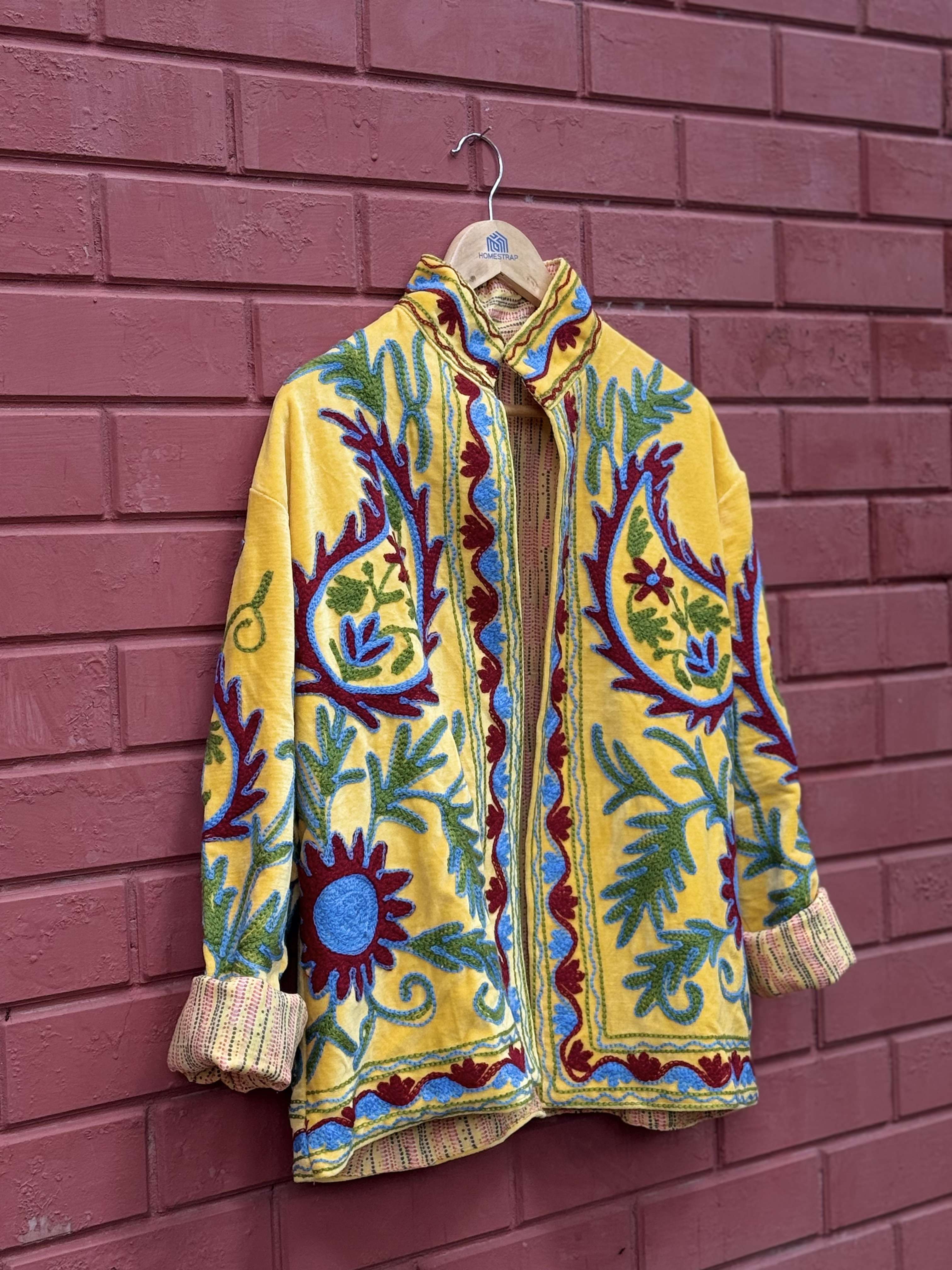 Womens Yellow Velvet Embroidered Jacket with Floral Design