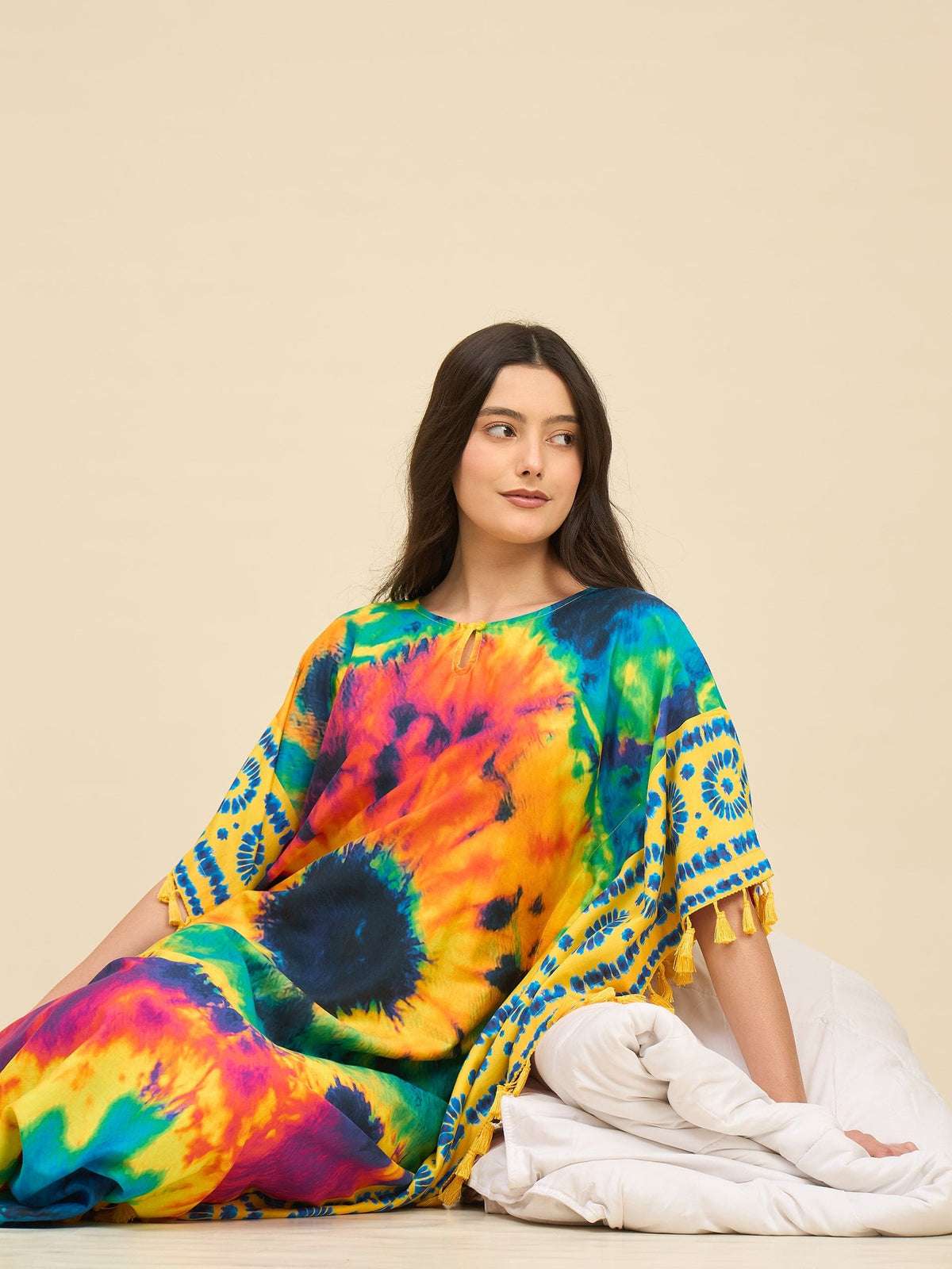 Women's Cotton Tie Dye Print Flowing Bell Sleeves Full Length Kaftan Drees Casual Beach Wear ( Multicolor )