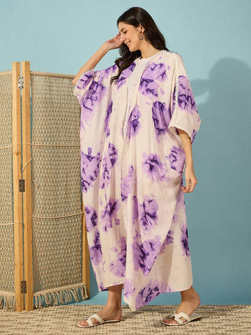 Women's Cotton Tie Dye Print Full Length Kaftan Drees Beach Cover Up, Spring Casual Wear ( Brown )