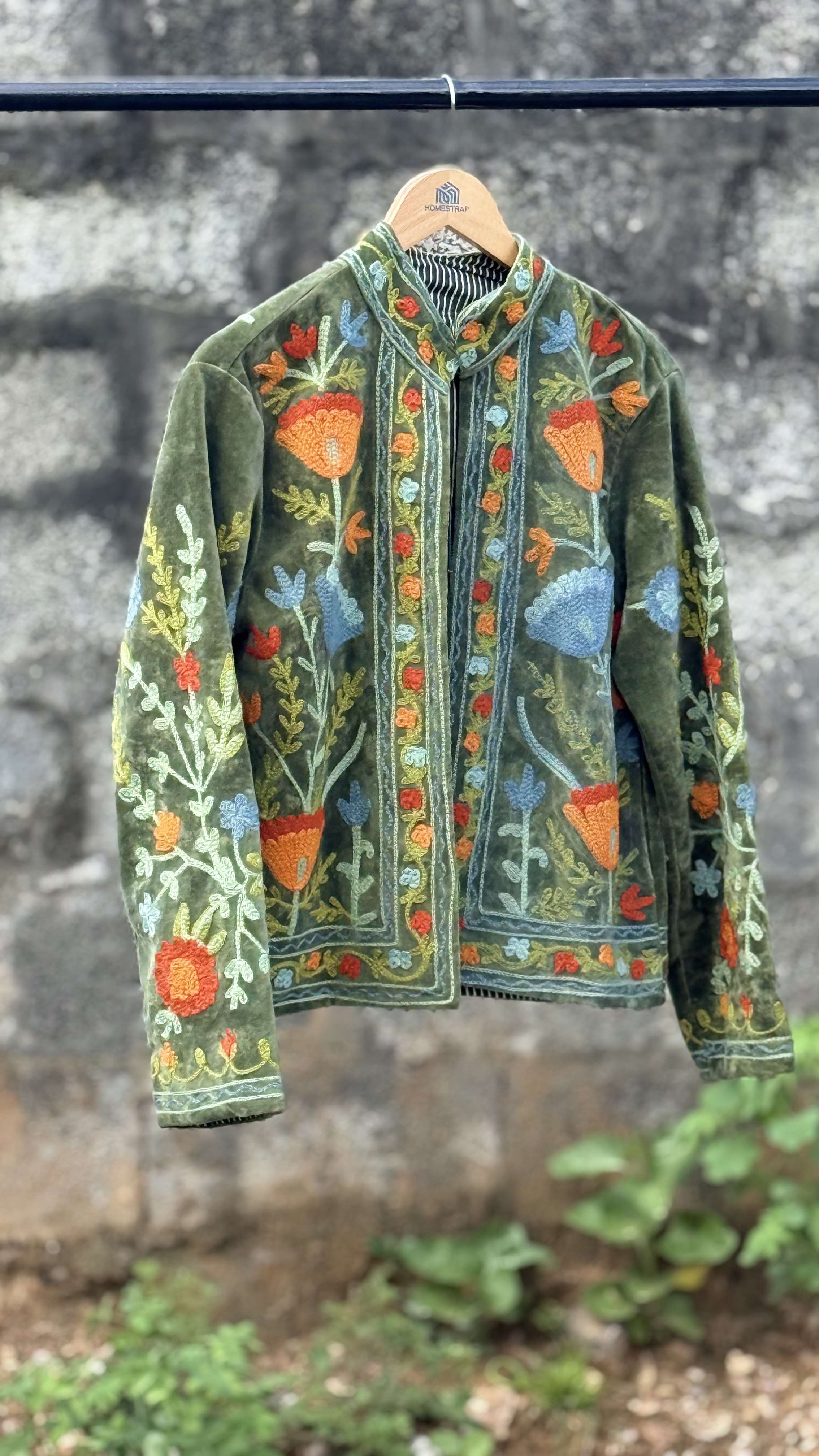Womens Olive Green Velvet Embroidered Jacket with Floral Design