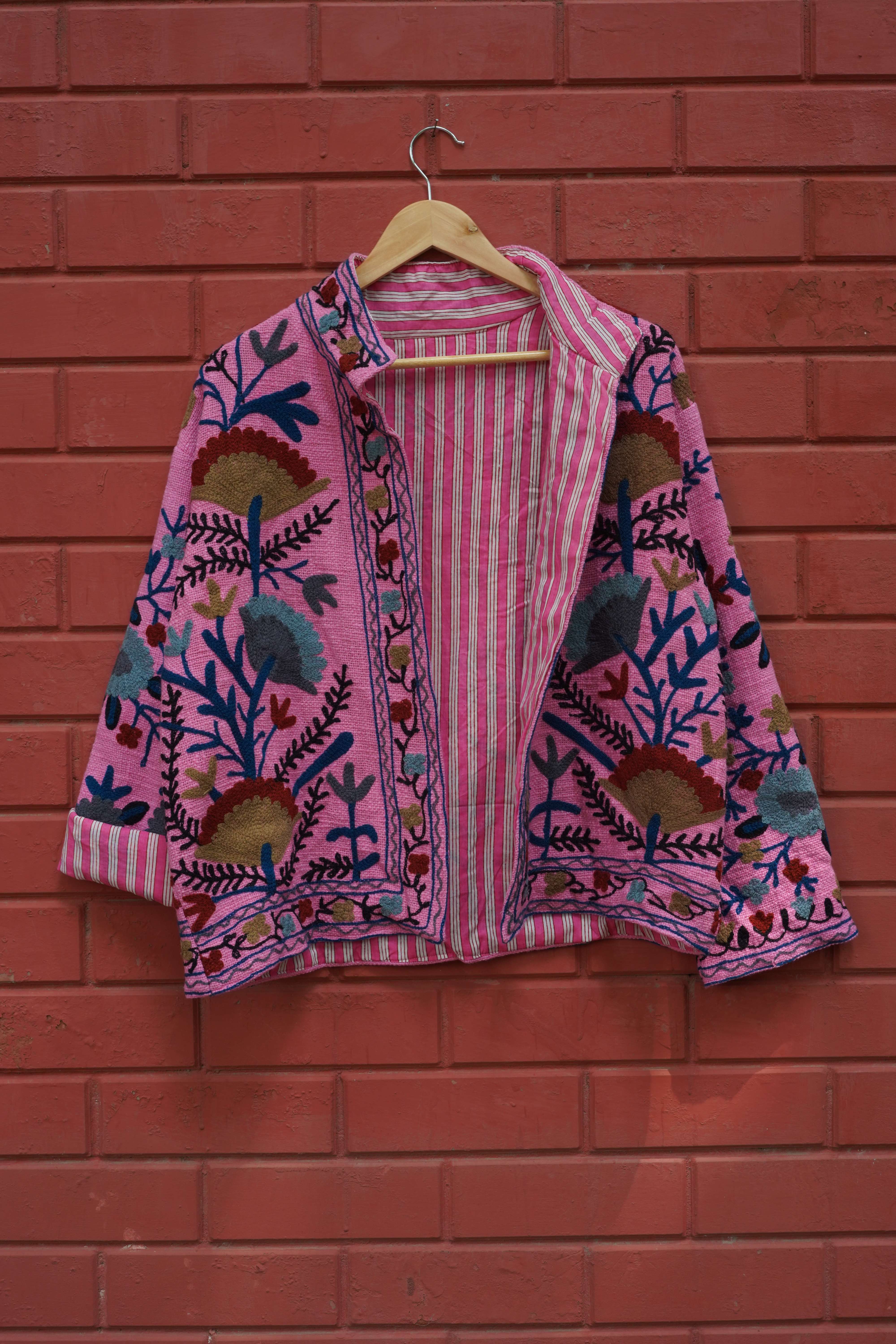 Womens Pink Velvet Embroidered Jacket with Floral Design