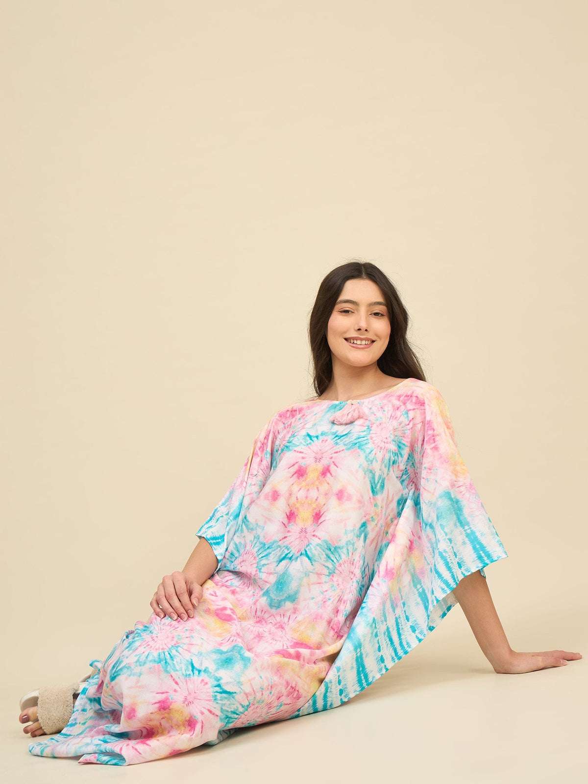 Women's Cotton Tie Dye Print Flowing Bell Sleeves Full Length Kaftan Drees Casual Beach Wear ( Multicolor1 )