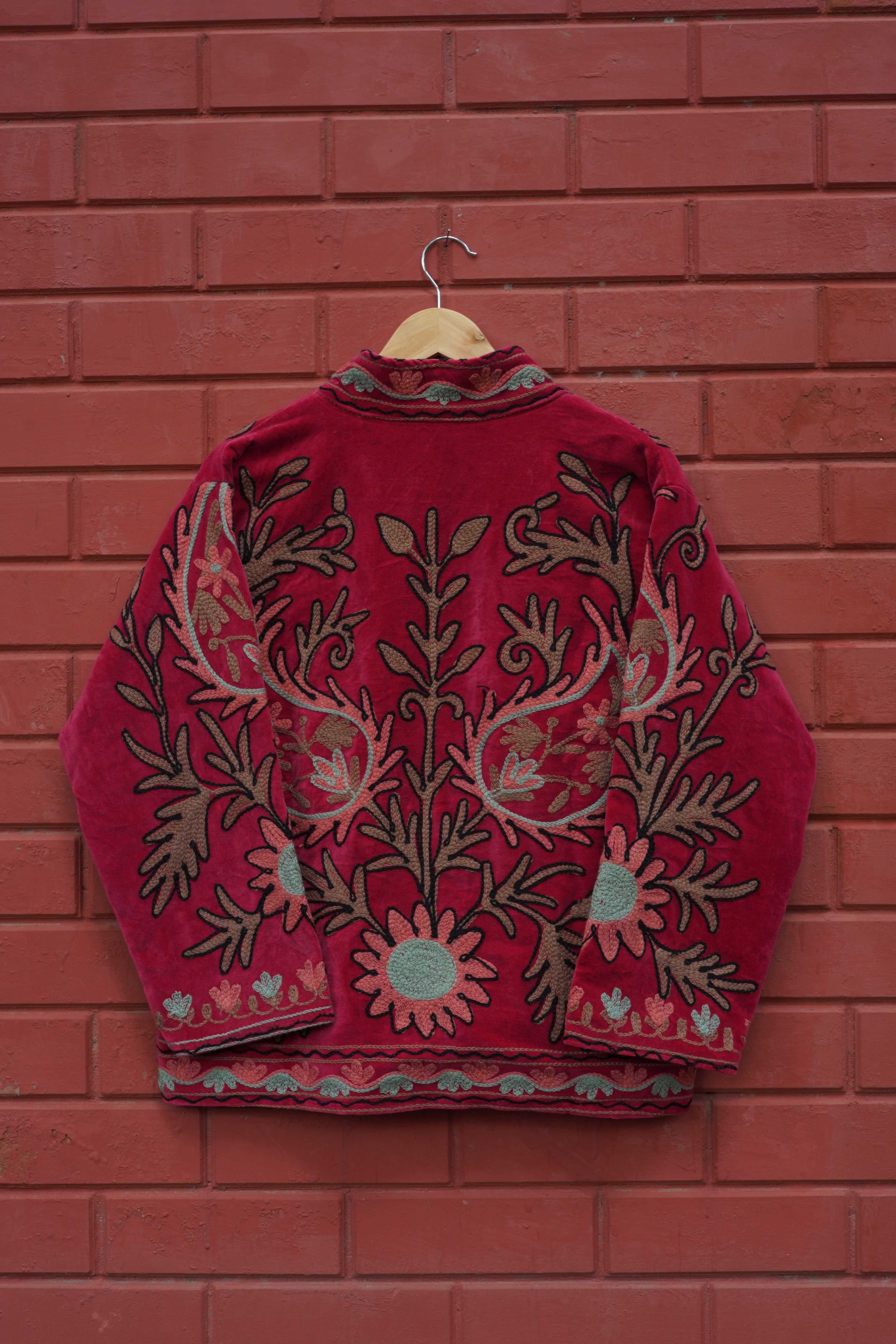 Womens Red Velvet Embroidered Jacket with Floral Design
