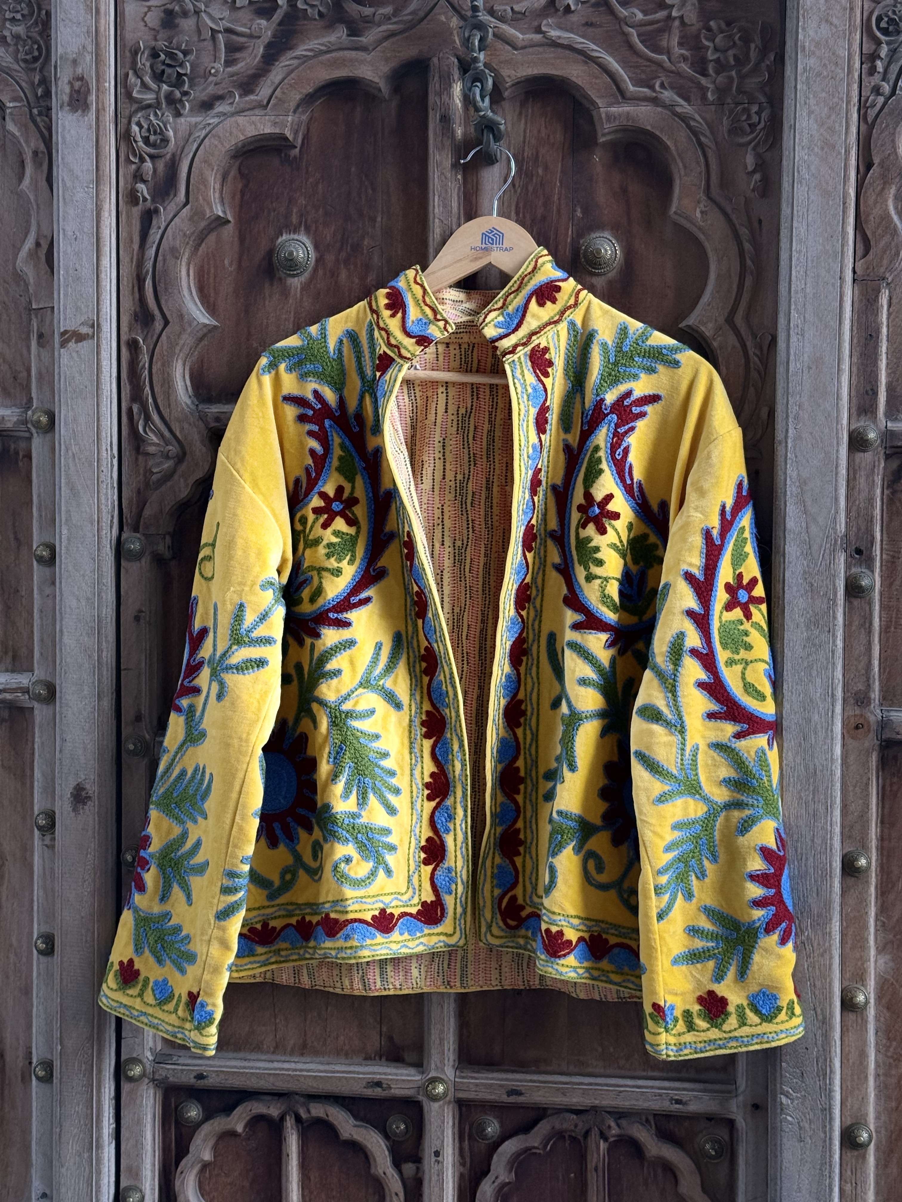Womens Yellow Velvet Embroidered Jacket with Floral Design