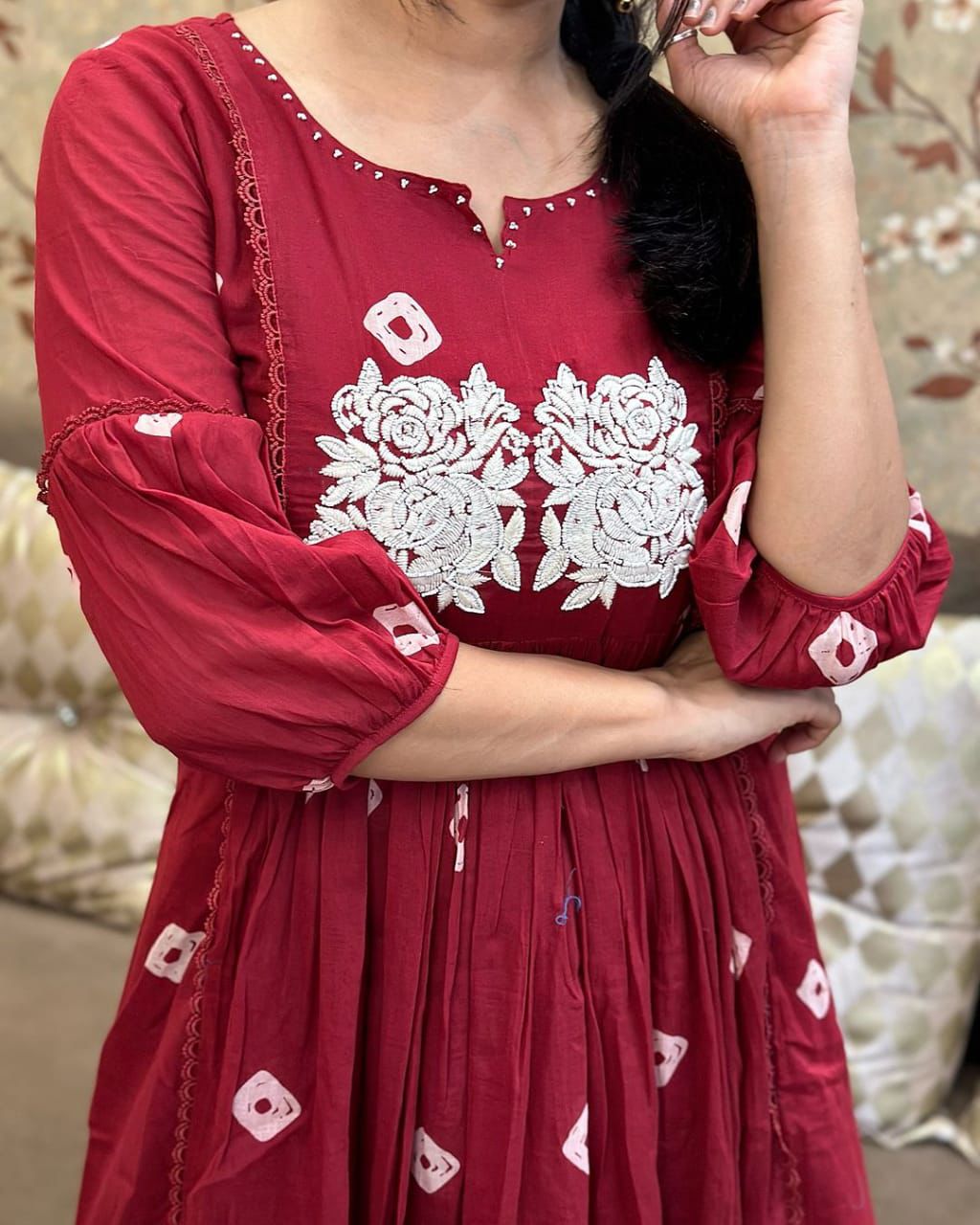 Bandhani Printed Thread Work Puffed Sleeves A-Line Kurta With Trousers