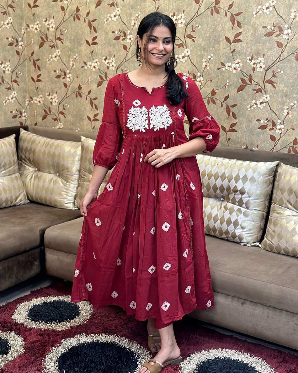 Bandhani Printed Thread Work Puffed Sleeves A-Line Kurta With Trousers