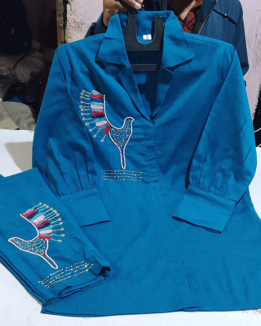 Hand Aari Embroidery Blue Co-Ord set