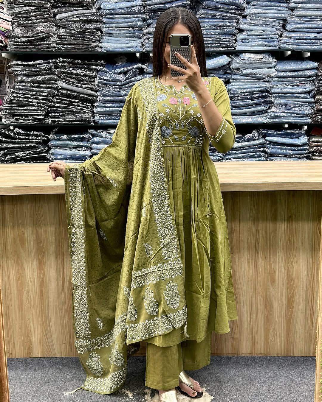 Beautiful  Green Anarkali Kurti With Embroidery Work & Flair Cotton Dupatta