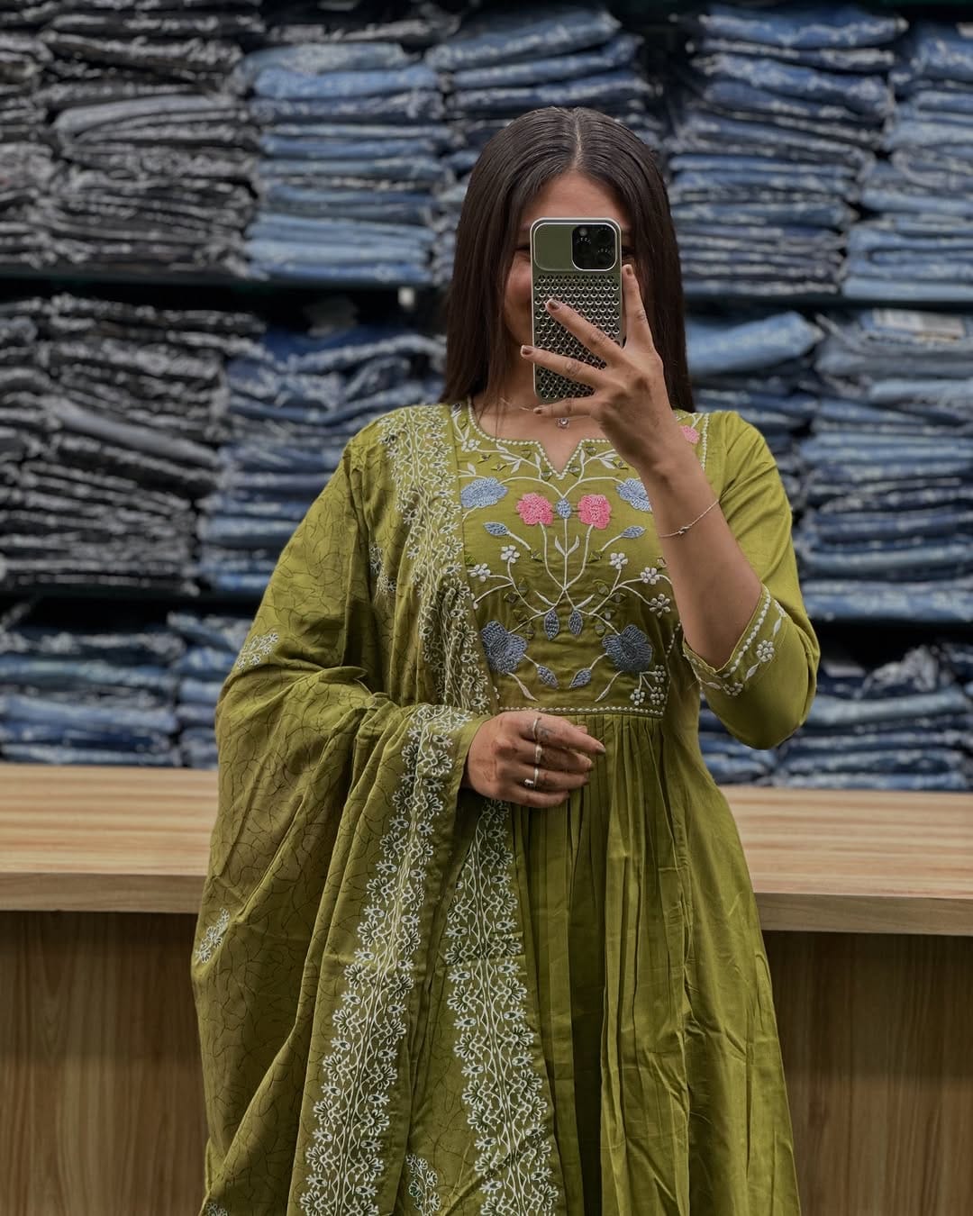 Beautiful  Green Anarkali Kurti With Embroidery Work & Flair Cotton Dupatta