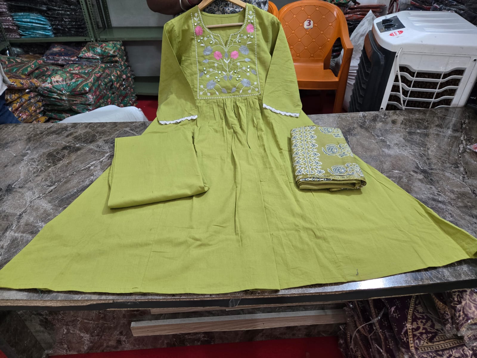Beautiful  Green Anarkali Kurti With Embroidery Work & Flair Cotton Dupatta