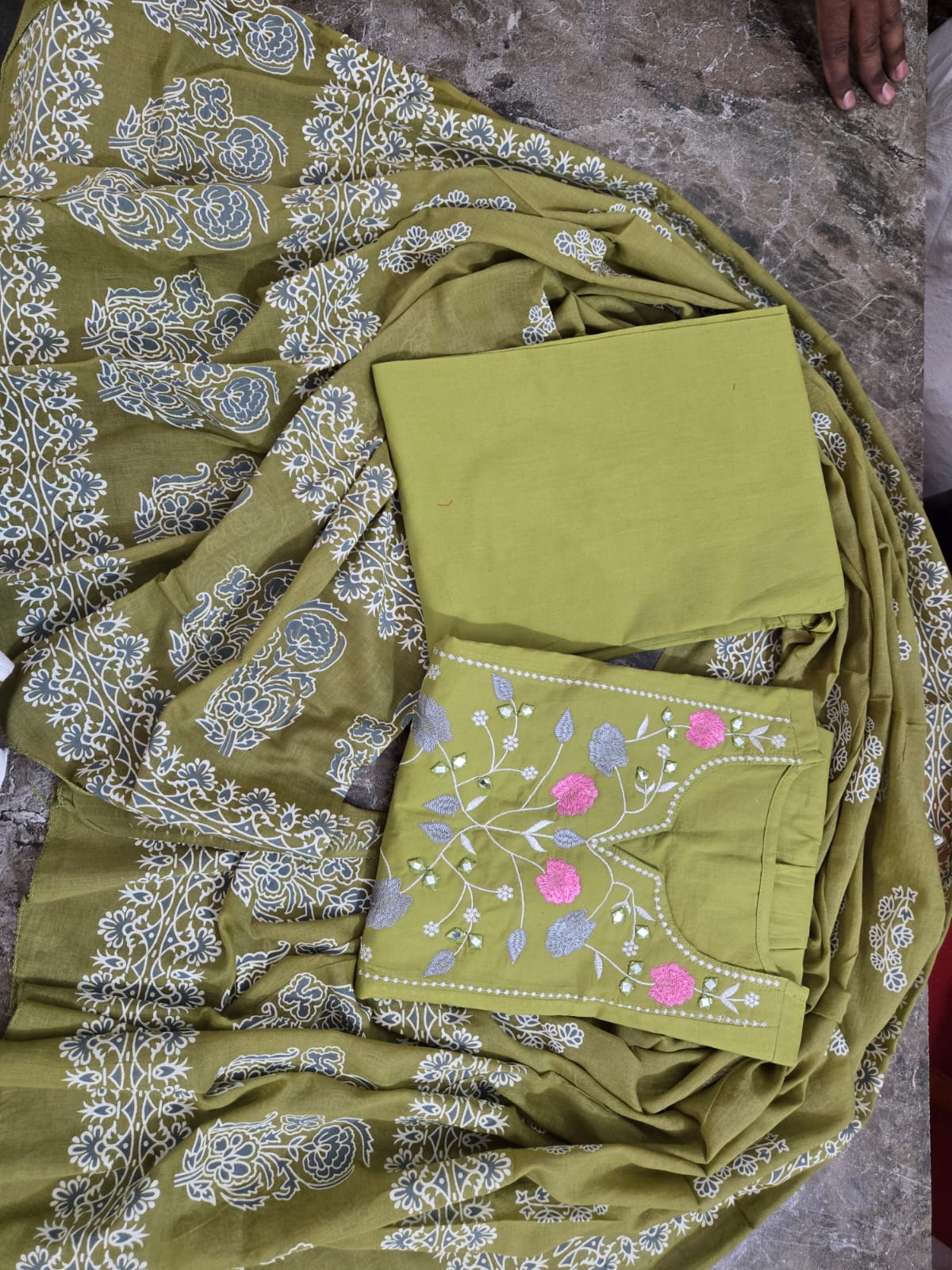 Beautiful  Green Anarkali Kurti With Embroidery Work & Flair Cotton Dupatta