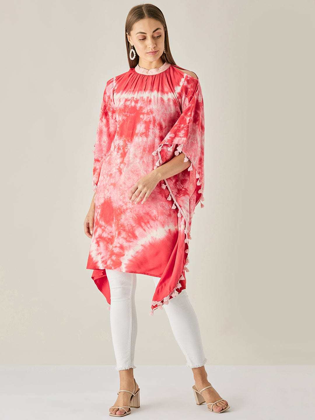 Women's Cotton Tie Dye Print Knee Length Mock Neck, Long Sleeve Kaftan Drees ( Red )