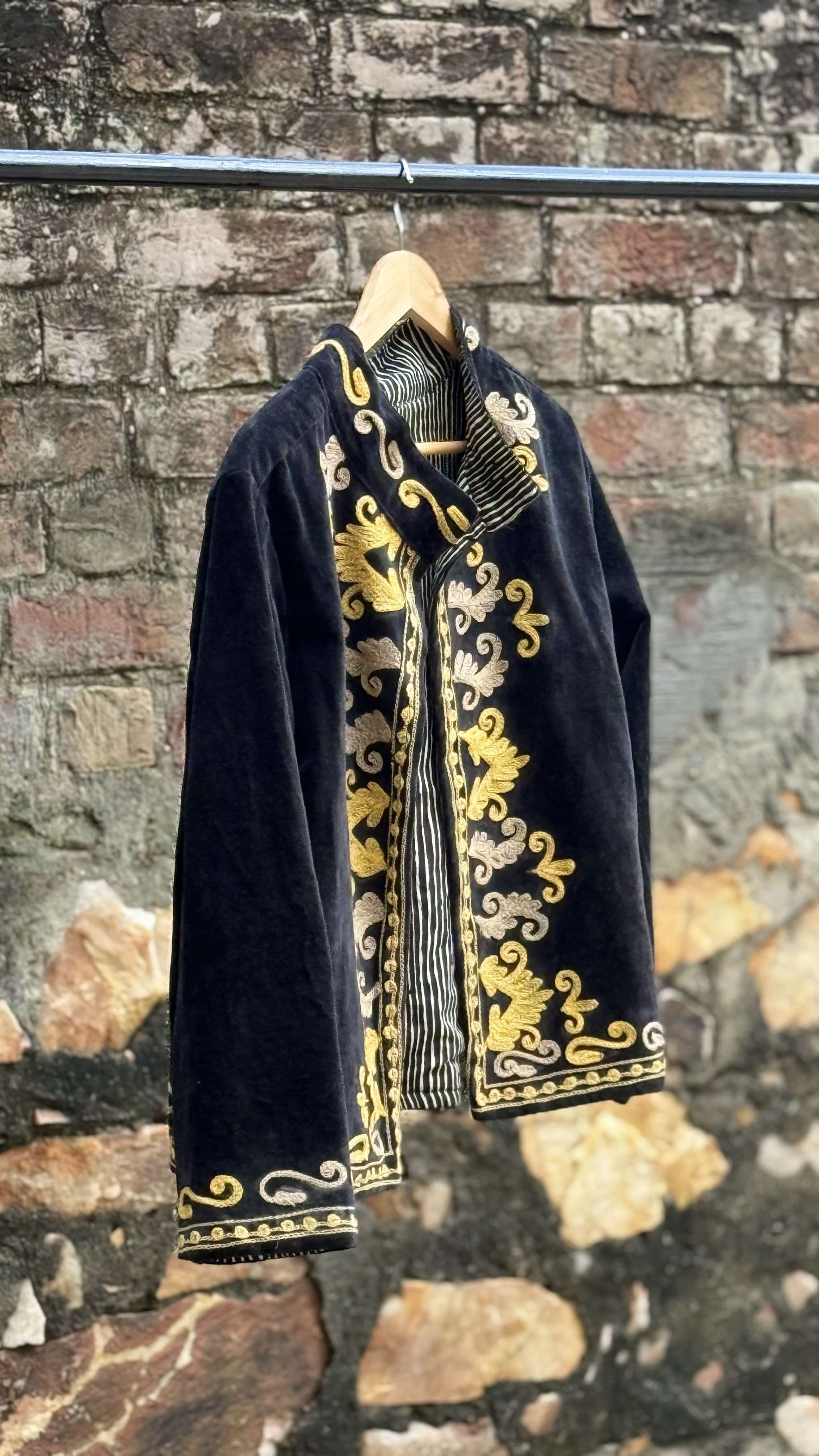 Womens Black Velvet Embroidered Jacket with Floral Design