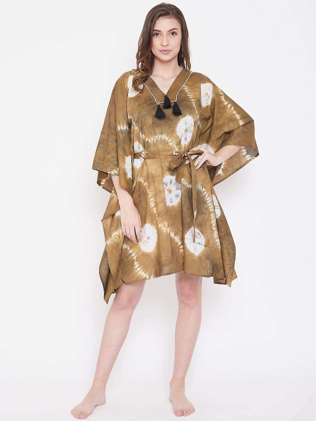Women's Cotton Tie Dye Print Knee Length Kaftan Drees Beach Cover Up, Spring Casual Wear ( Brown )