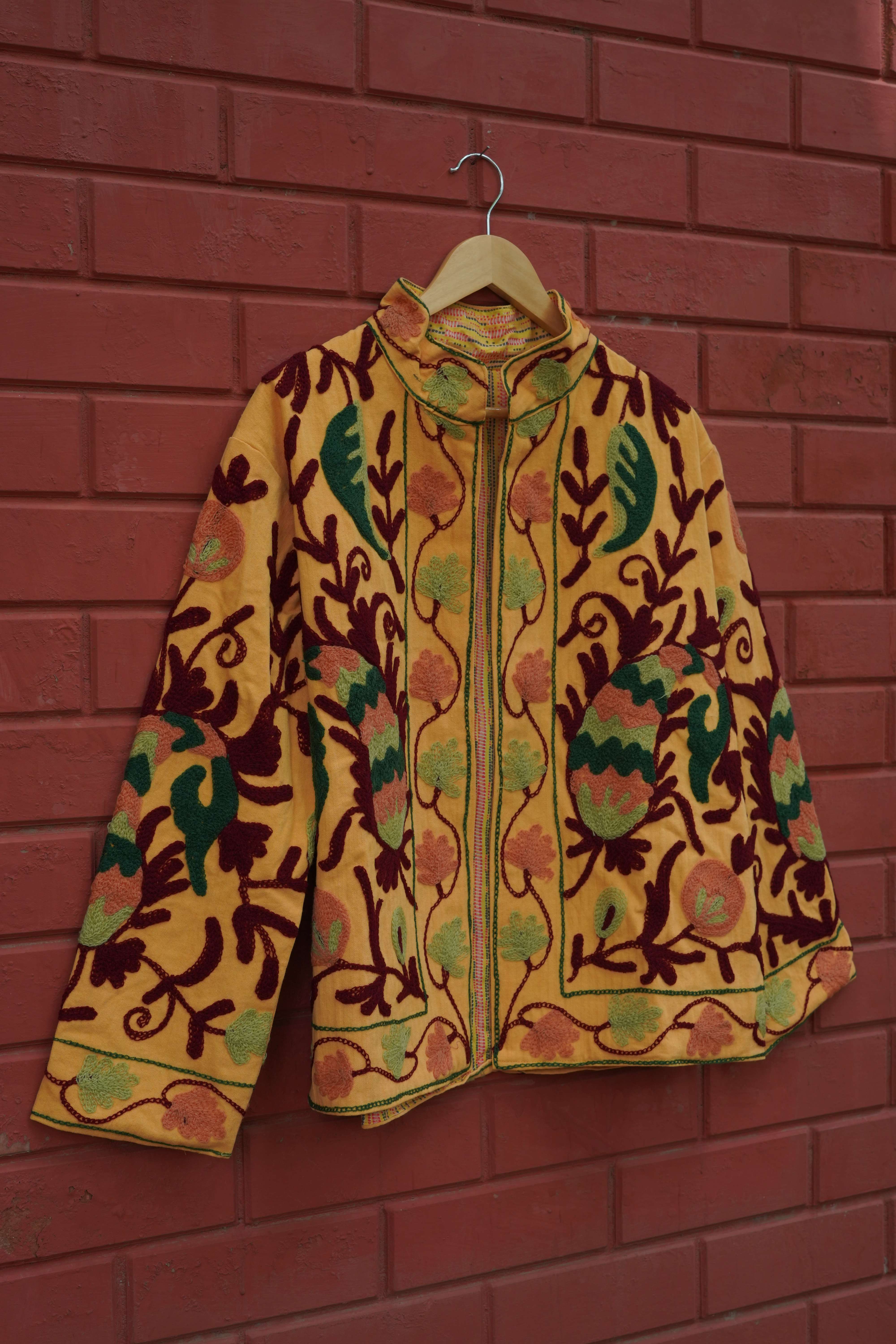Womens Yellow Velvet Embroidered Jacket with Floral Design