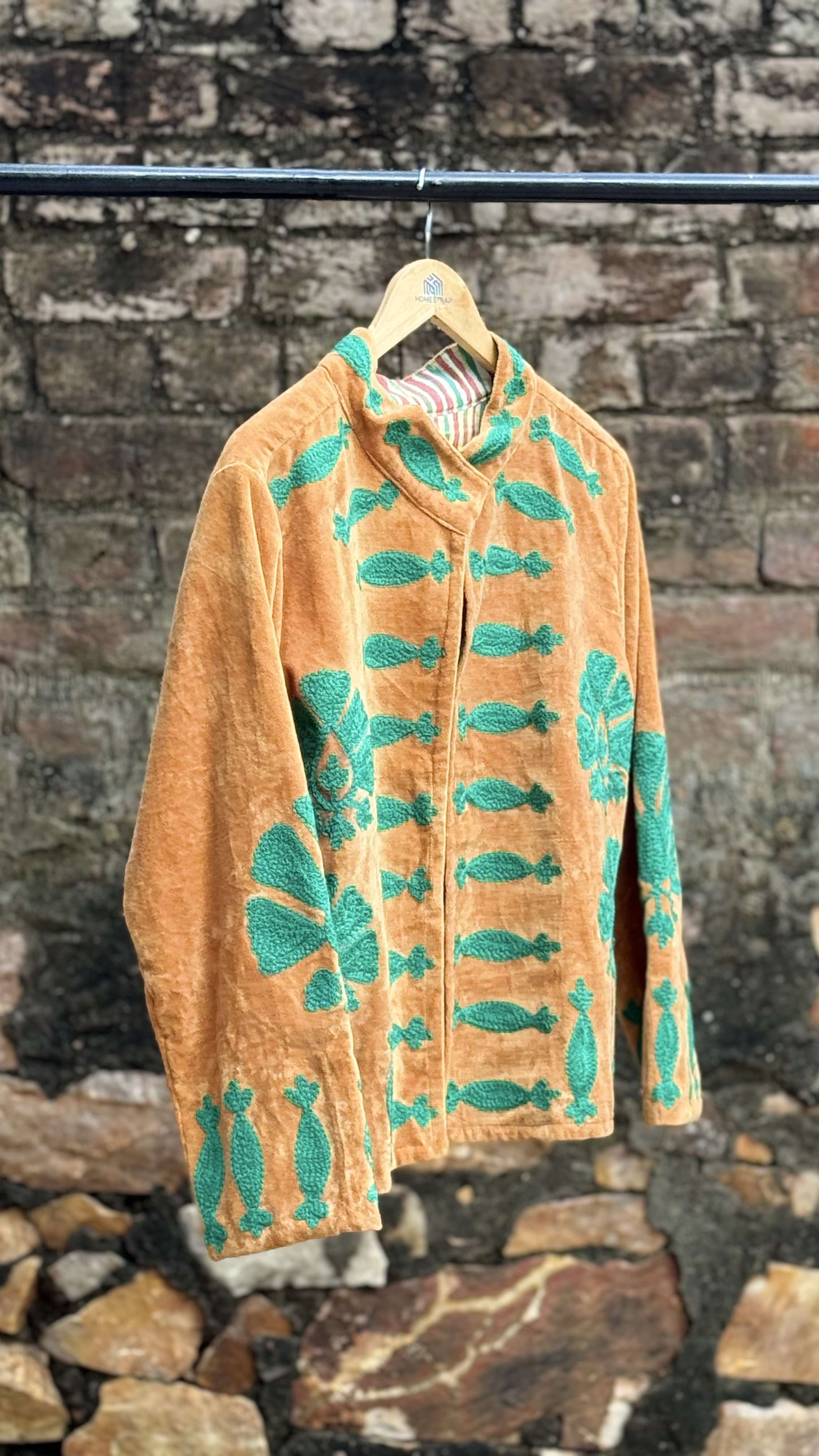 Womens Rust Velvet Embroidered Jacket with Floral Design