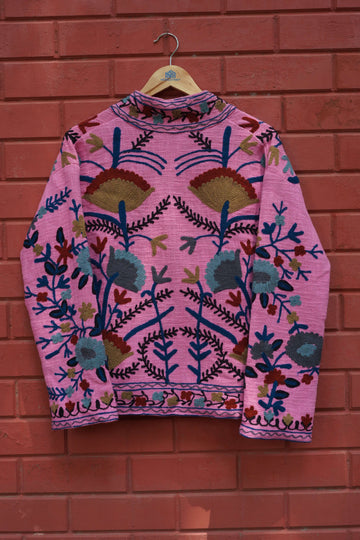 Womens Pink Velvet Embroidered Jacket with Floral Design