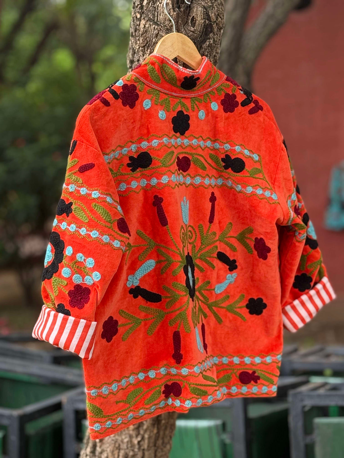 Womens Orange Velvet Embroidered Jacket with Floral Design