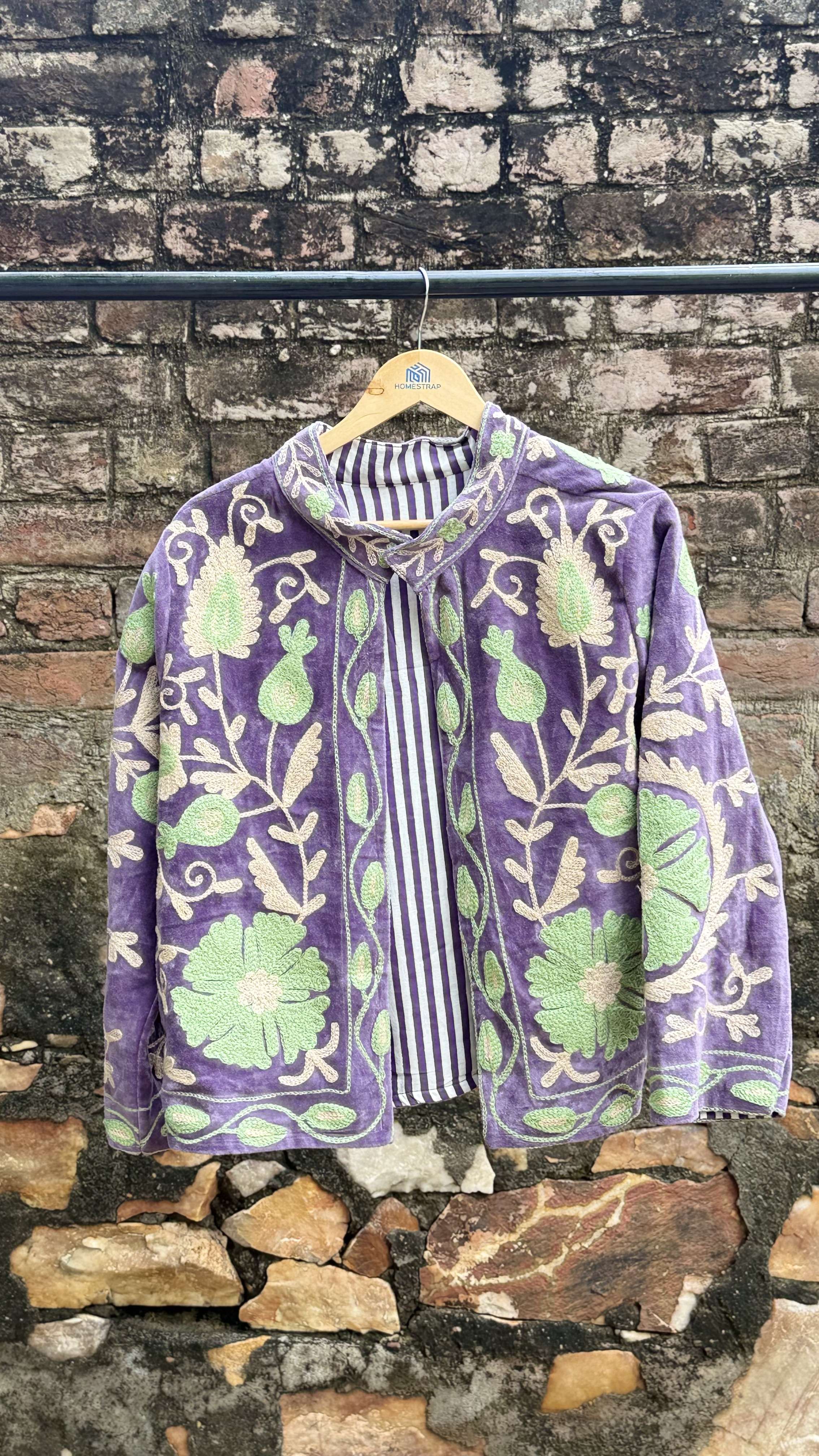 Womens Purple Velvet Embroidered Jacket with Floral Design