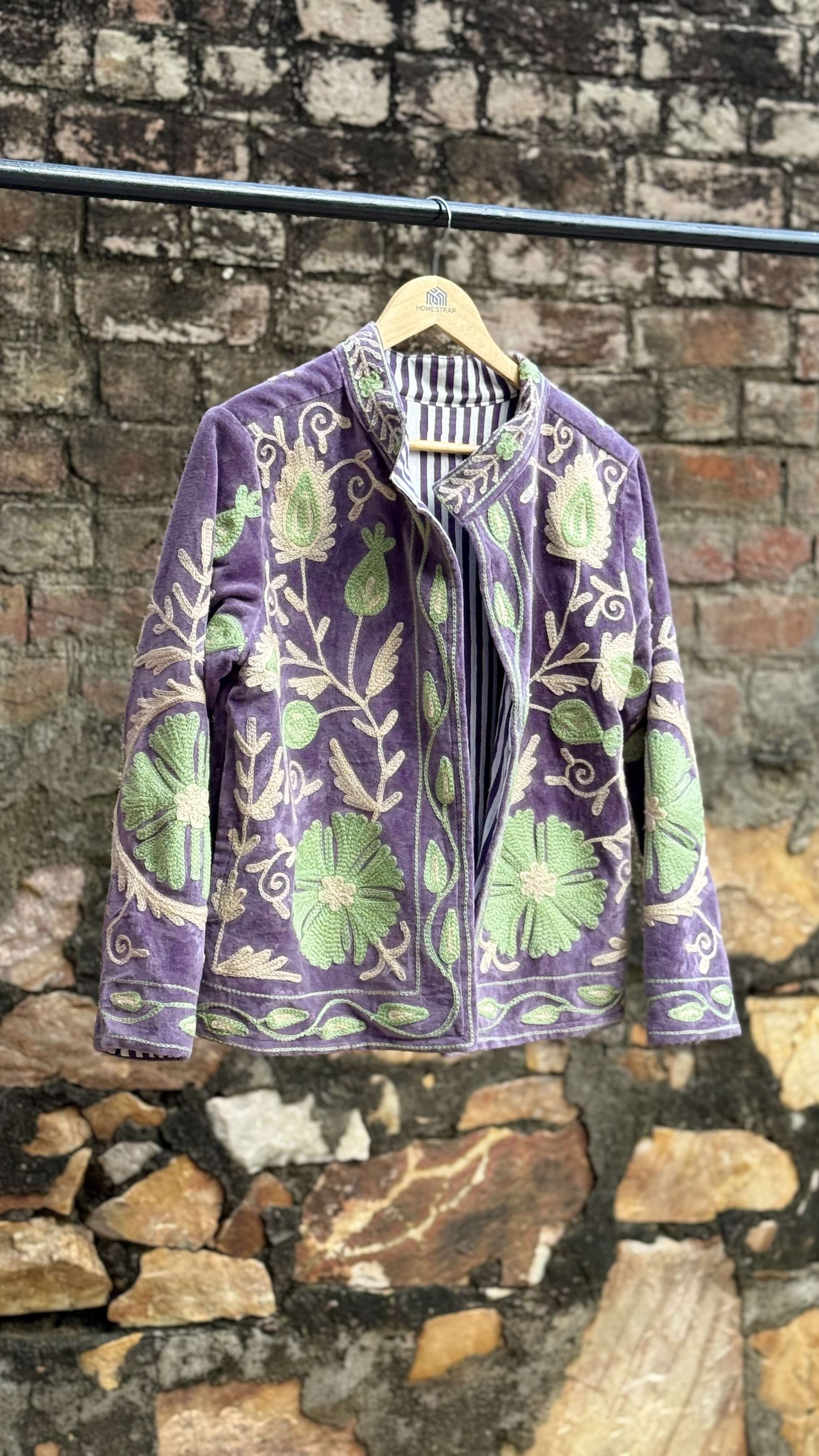 Womens Purple Velvet Embroidered Jacket with Floral Design