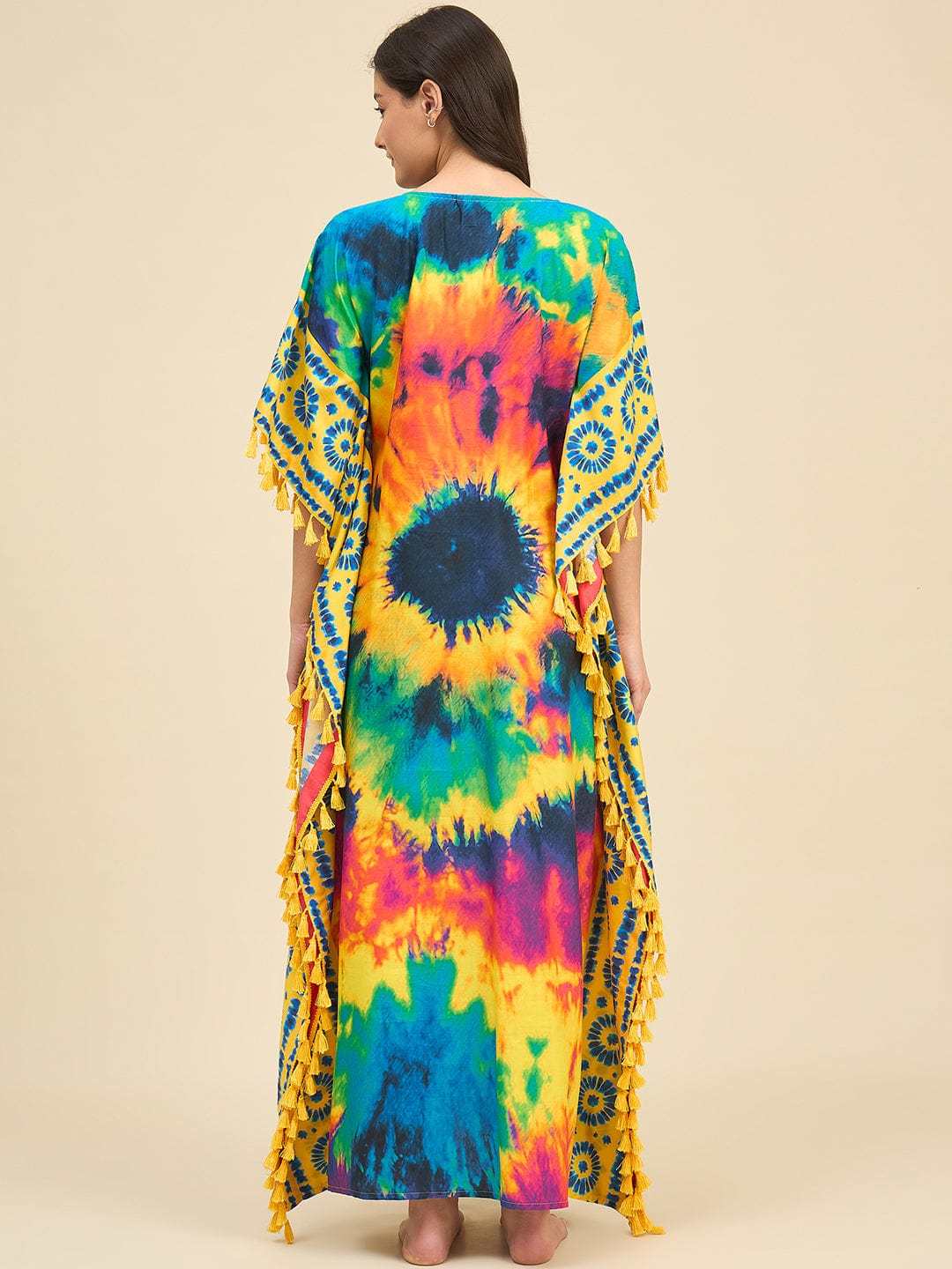 Women's Cotton Tie Dye Print Flowing Bell Sleeves Full Length Kaftan Drees Casual Beach Wear ( Multicolor )