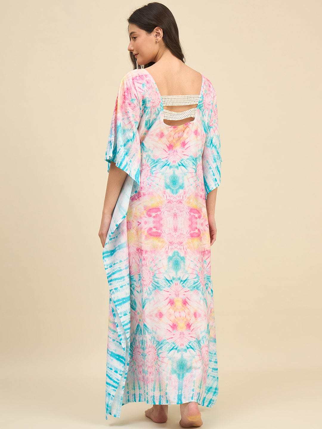 Women's Cotton Tie Dye Print Flowing Bell Sleeves Full Length Kaftan Drees Casual Beach Wear ( Multicolor1 )
