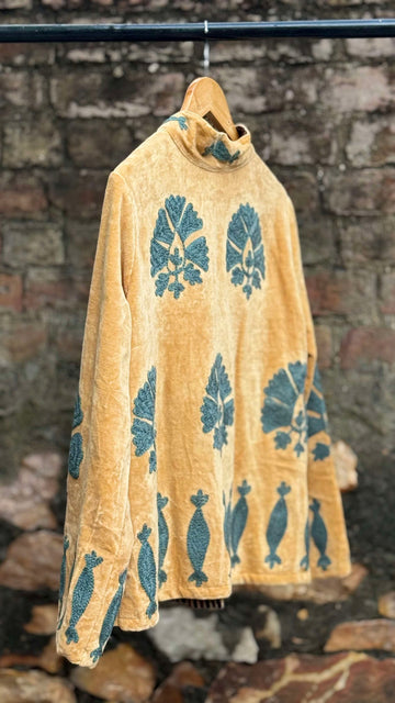 Womens Orange Velvet Embroidered Jacket with Floral Design