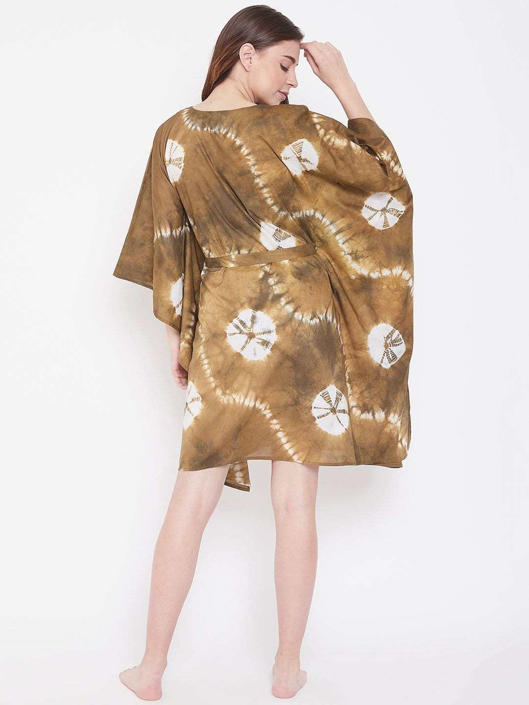 Women's Cotton Tie Dye Print Knee Length Kaftan Drees Beach Cover Up, Spring Casual Wear ( Brown )