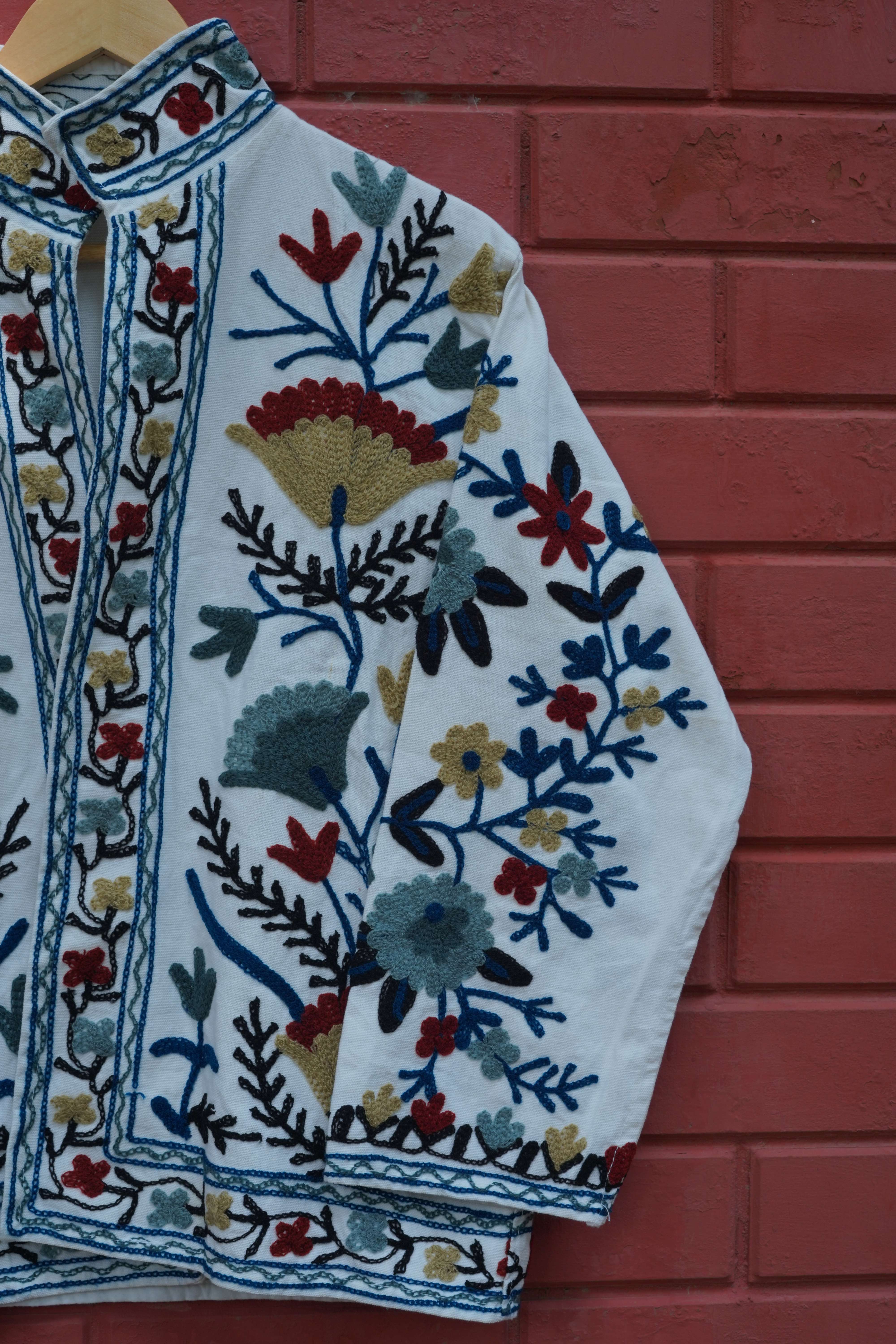Womens White Velvet Embroidered Jacket with Floral Design