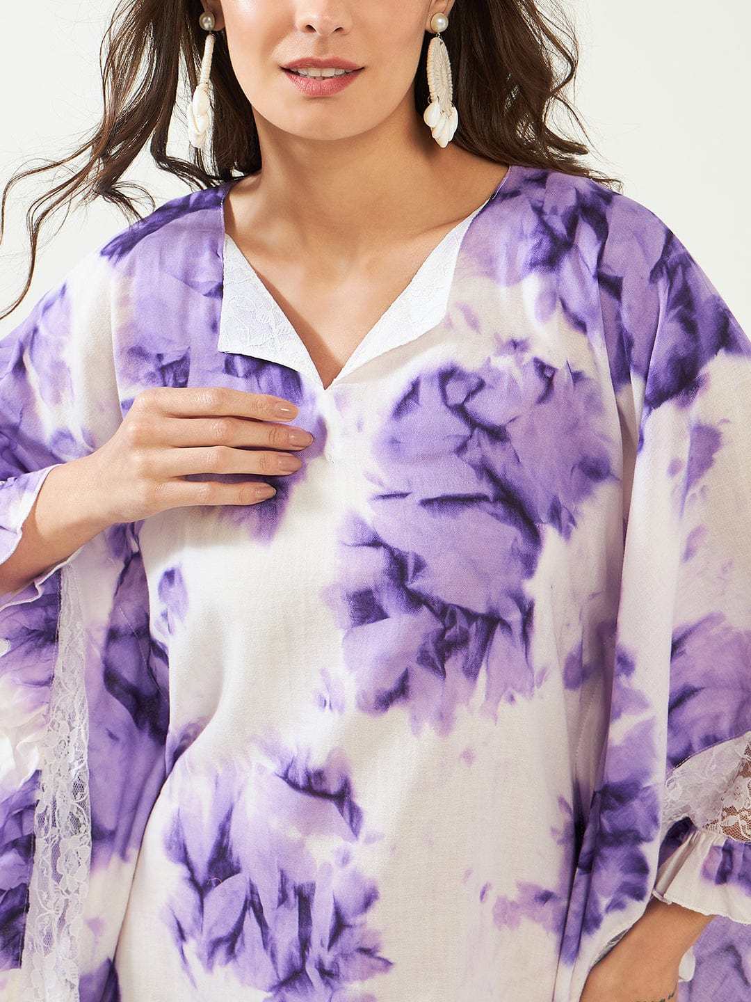 Women's Cotton Tie Dye Print Knee Length Kaftan Drees Beach Cover Up, Spring Casual Wear ( Purple White )