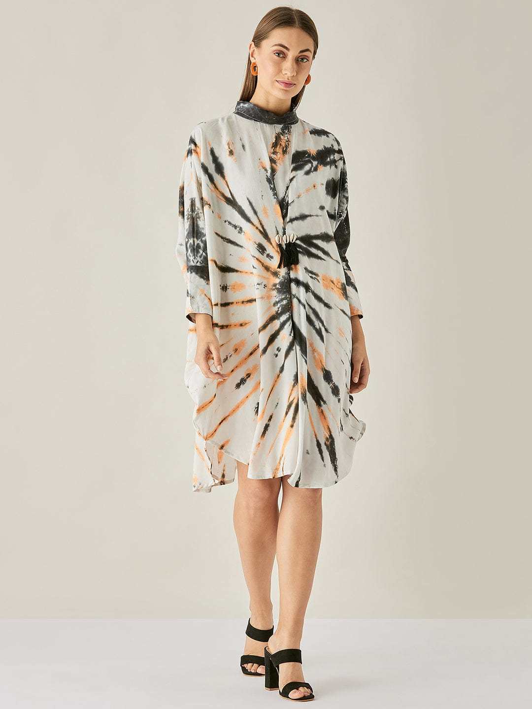 Women's Cotton Tie Dye Print Knee Length Mock Neck, Long Sleeve Kaftan Drees ( Black White )