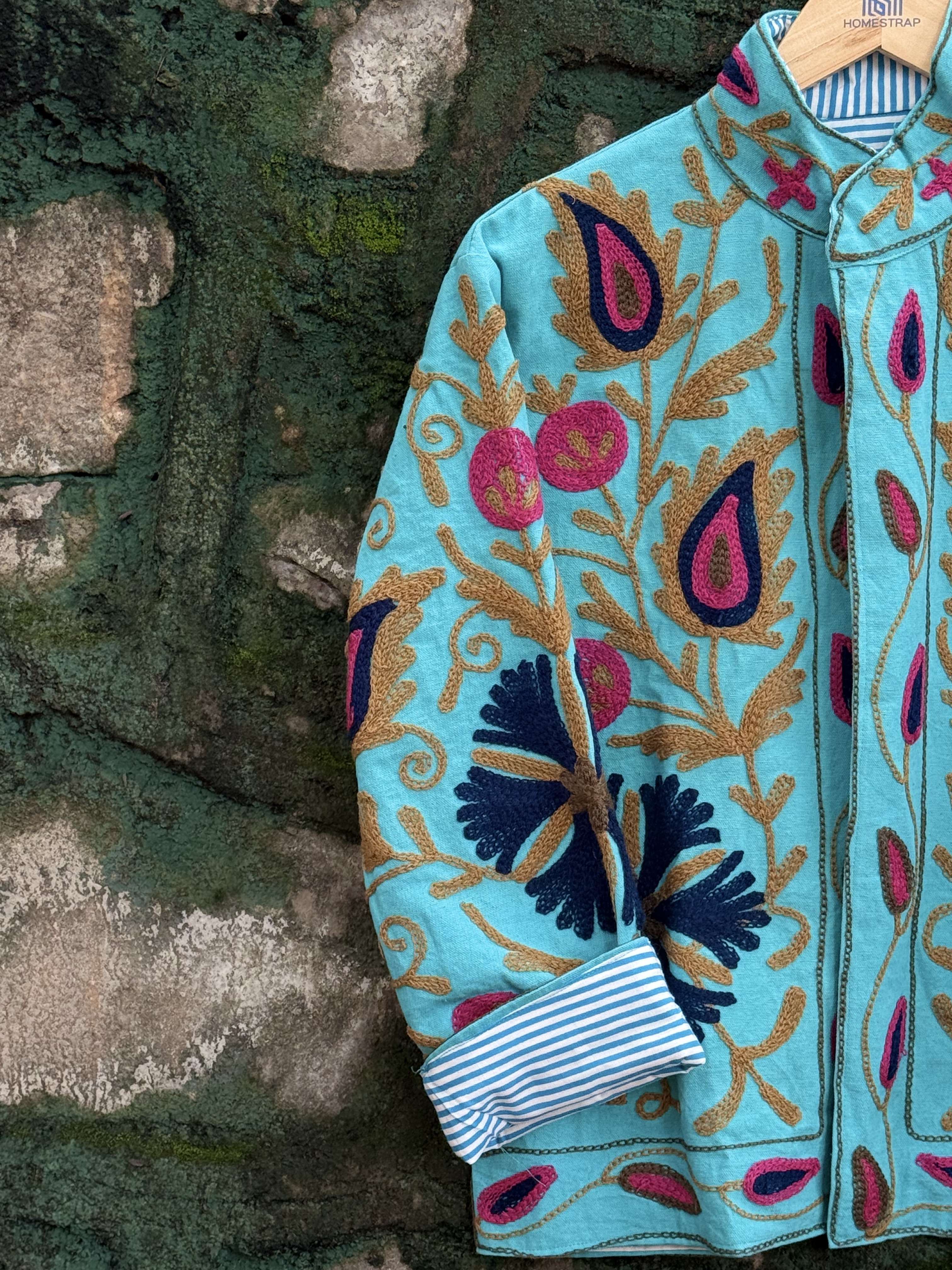 Womens Teal Blue Velvet Embroidered Jacket with Floral Design