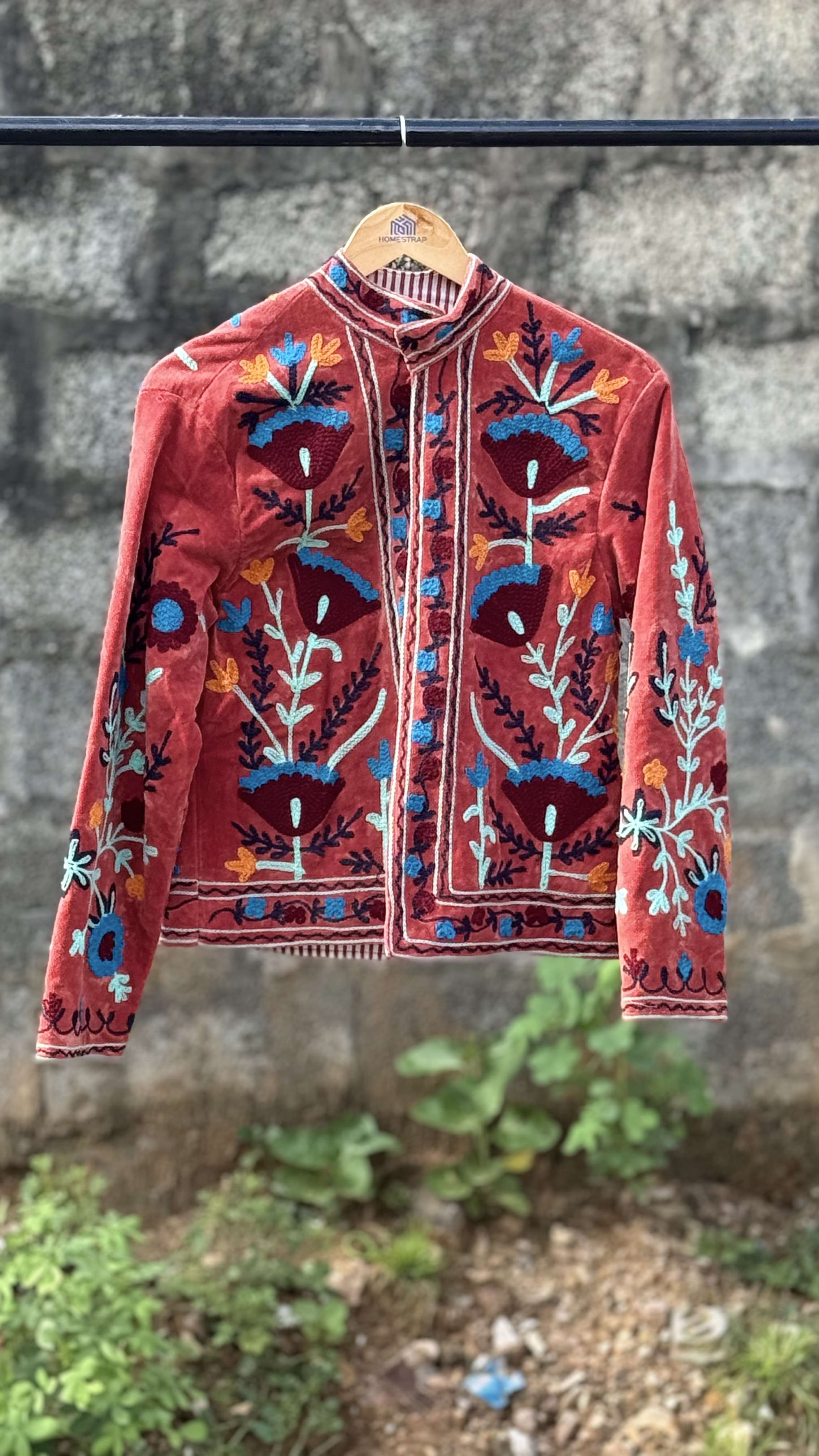 Womens Terracotta Velvet Embroidered Jacket with Floral Design