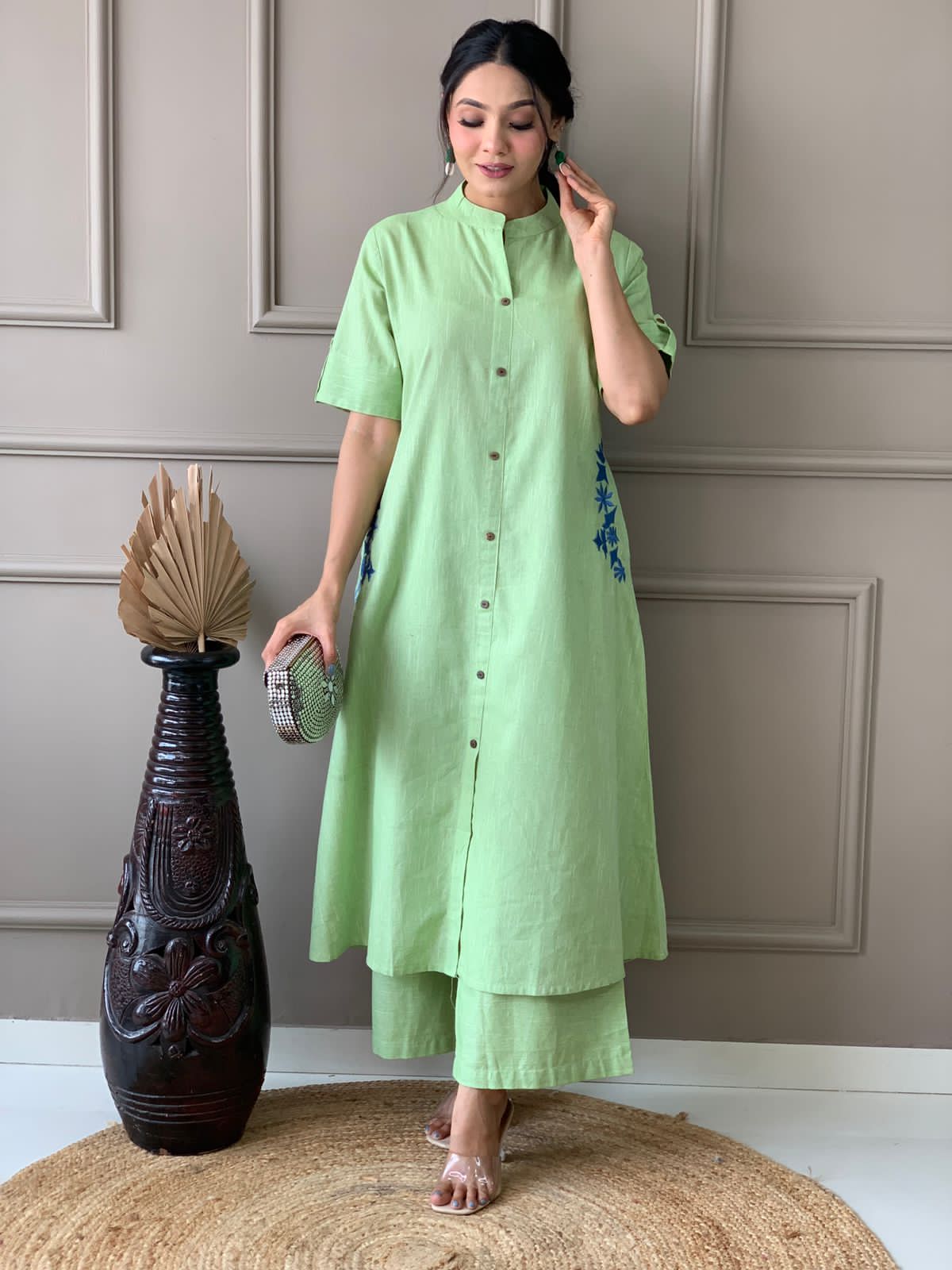 Pure cotton hand embroidered kurta palazzo co ord set