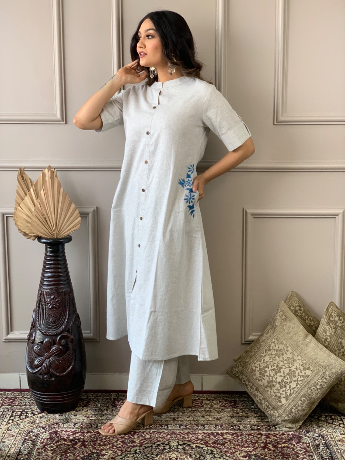 Pure cotton hand embroidered kurta palazzo co ord set