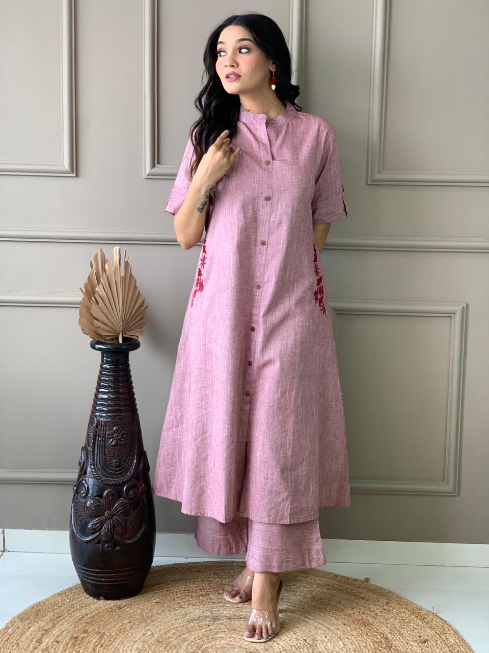 Pure cotton hand embroidered kurta palazzo co ord set