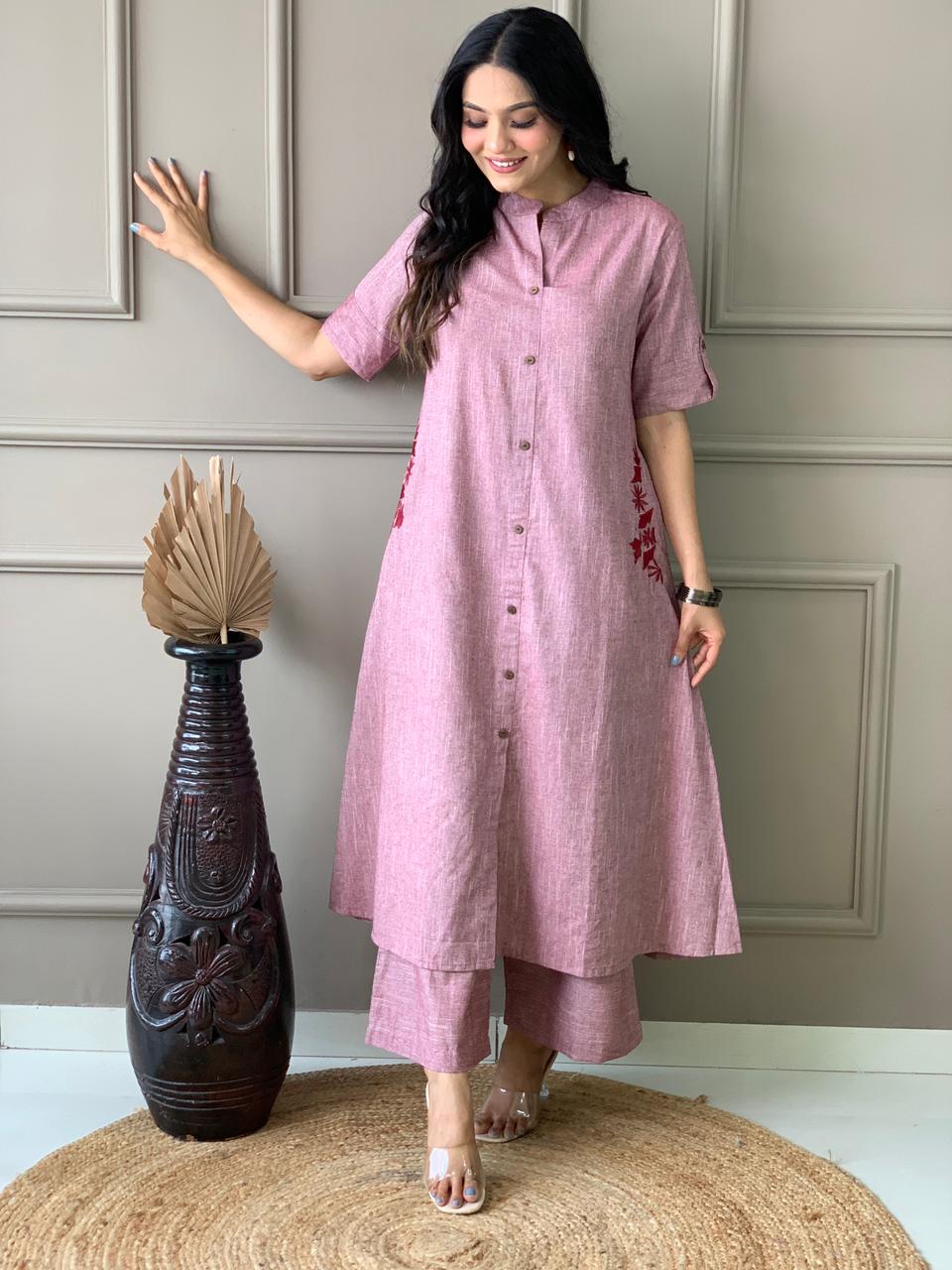 Pure cotton hand embroidered kurta palazzo co ord set