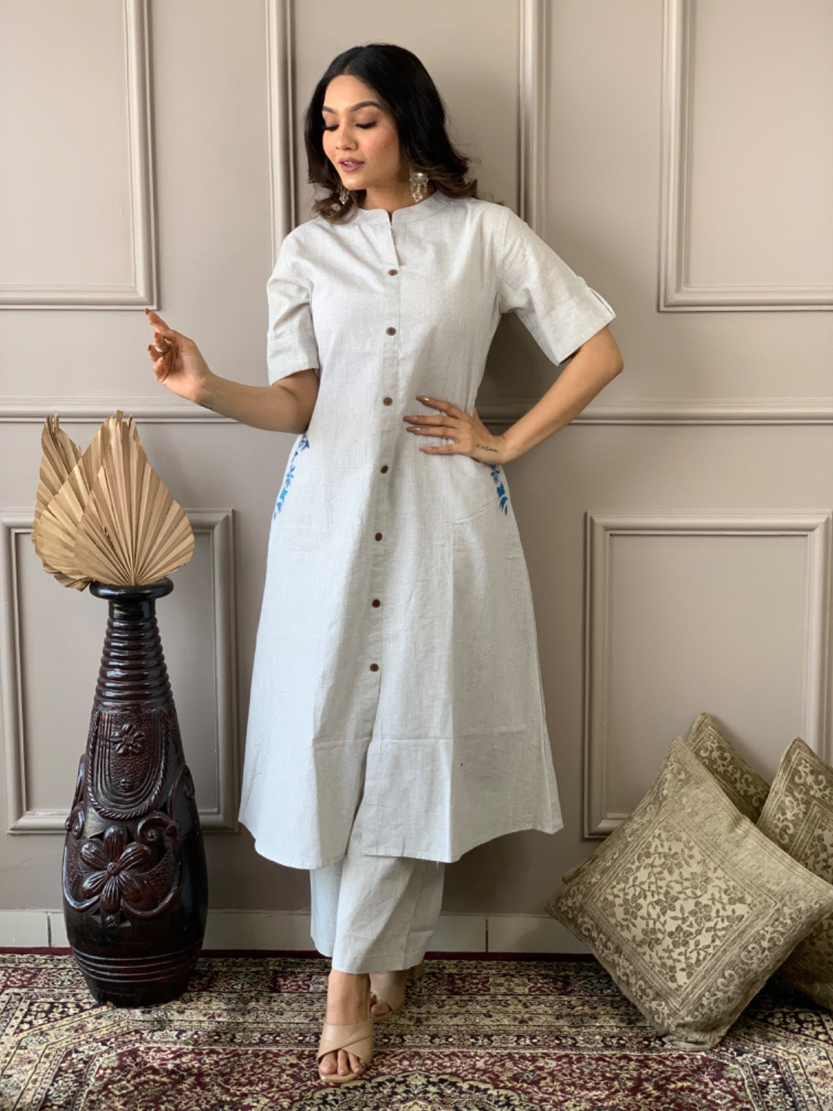 Pure cotton hand embroidered kurta palazzo co ord set