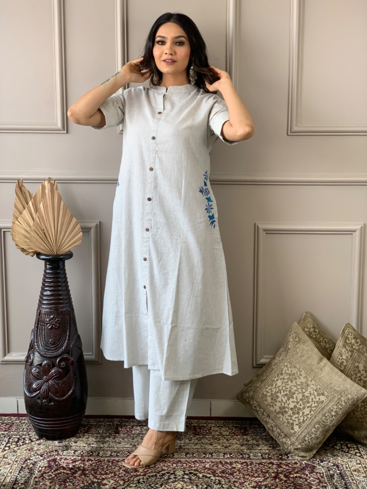 Pure cotton hand embroidered kurta palazzo co ord set