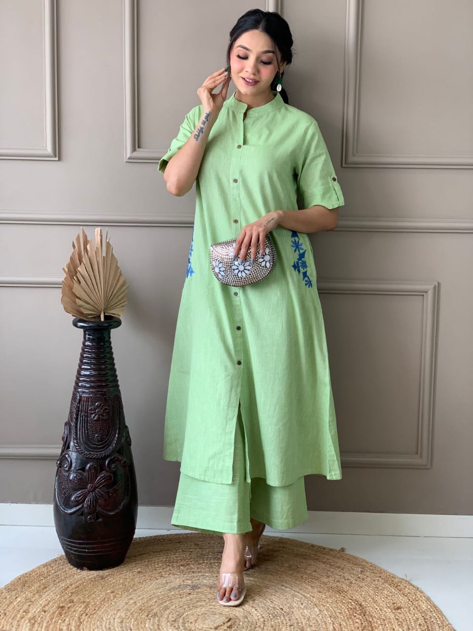 Pure cotton hand embroidered kurta palazzo co ord set