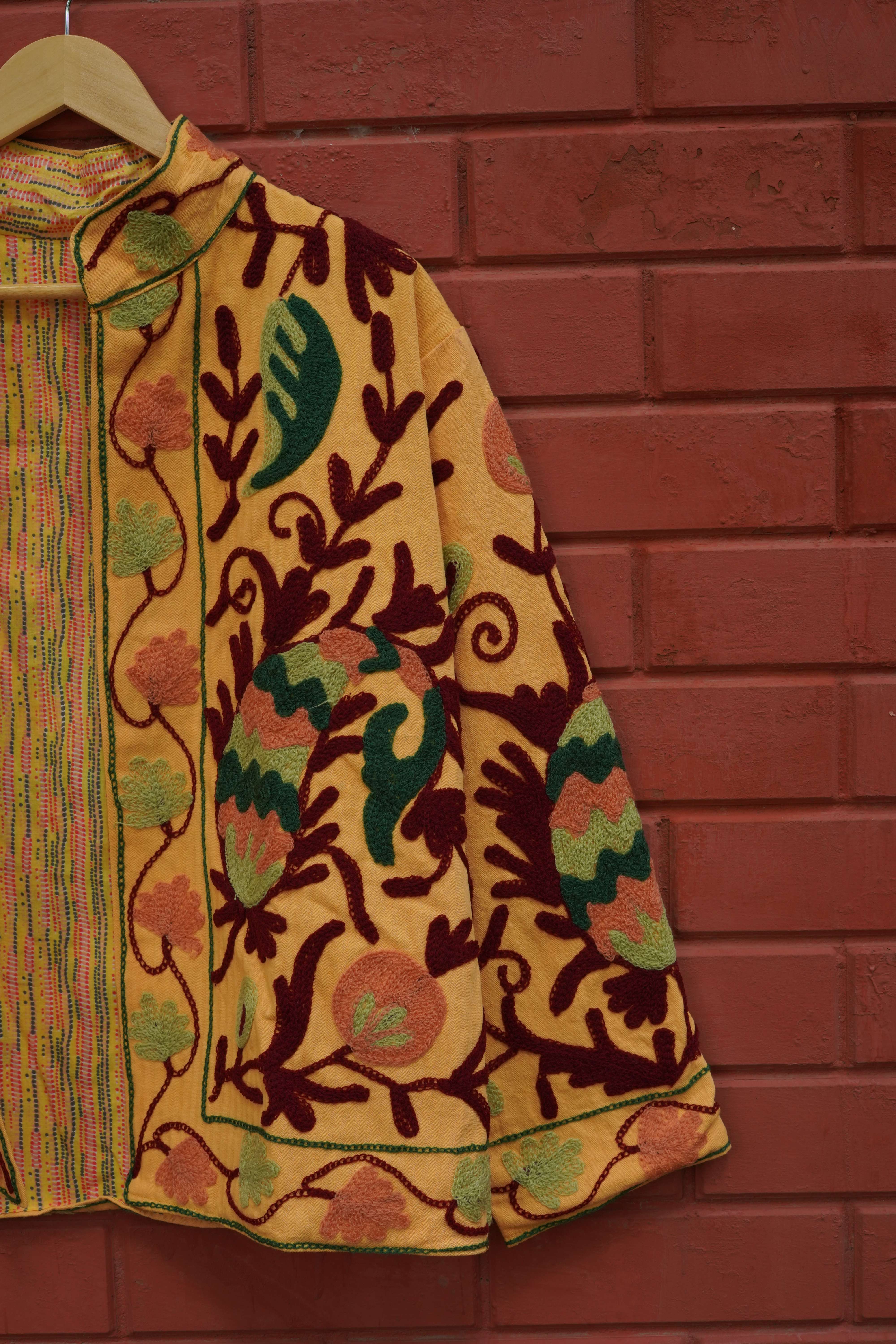 Womens Yellow Velvet Embroidered Jacket with Floral Design