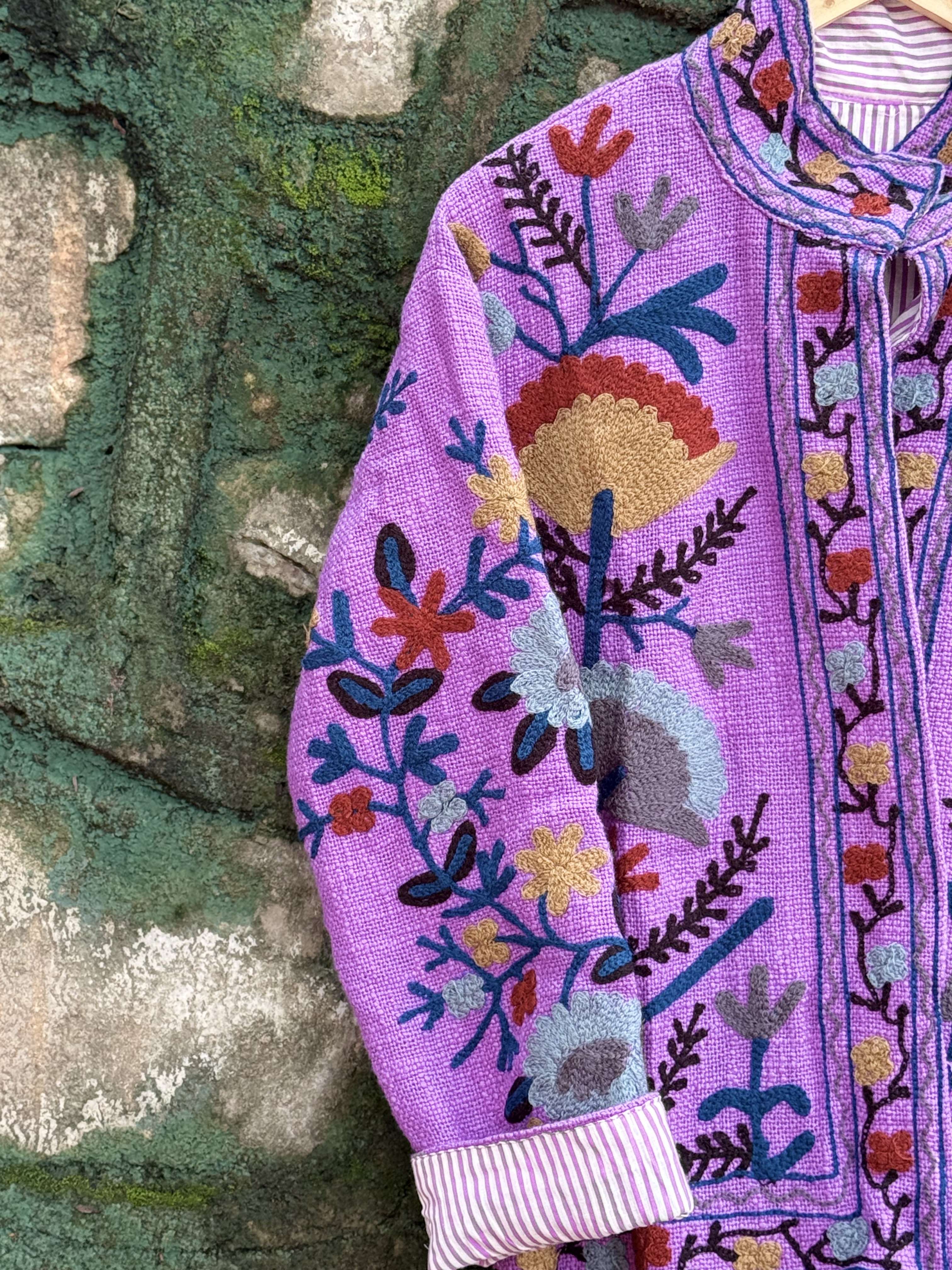 Womens Purple Velvet Embroidered Jacket with Floral Design