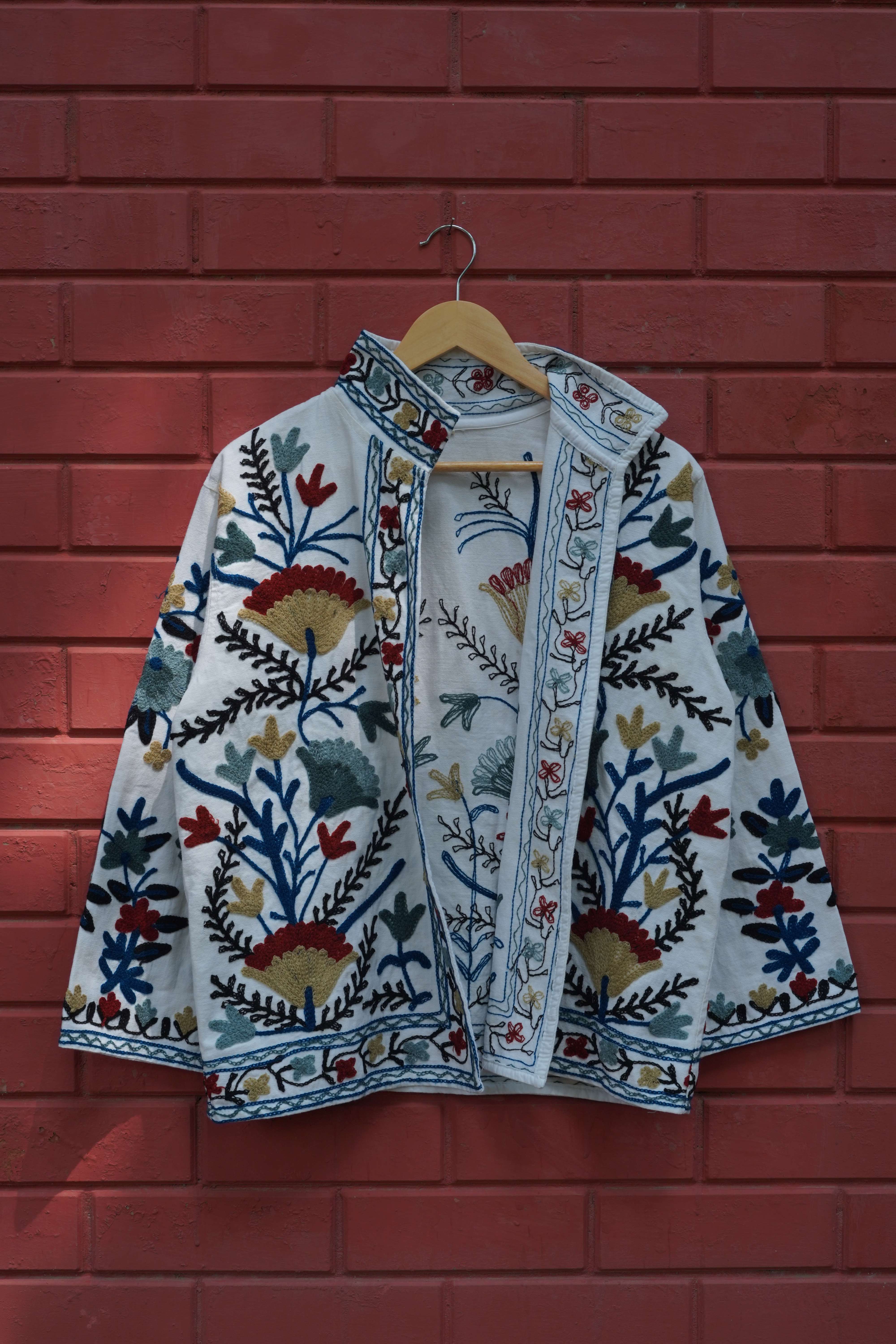 Womens White Velvet Embroidered Jacket with Floral Design