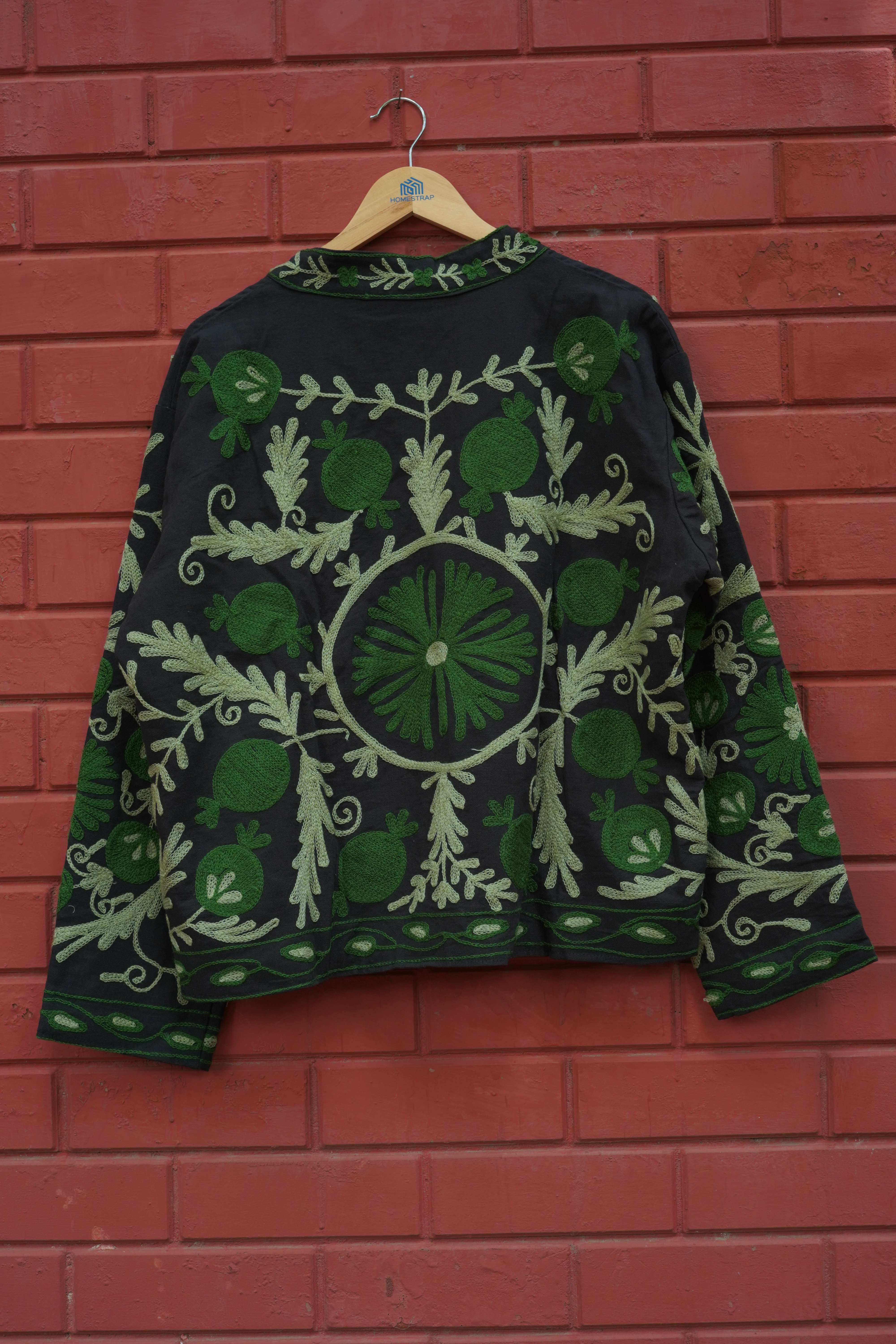 Womens Black Velvet Embroidered Jacket with Floral Design
