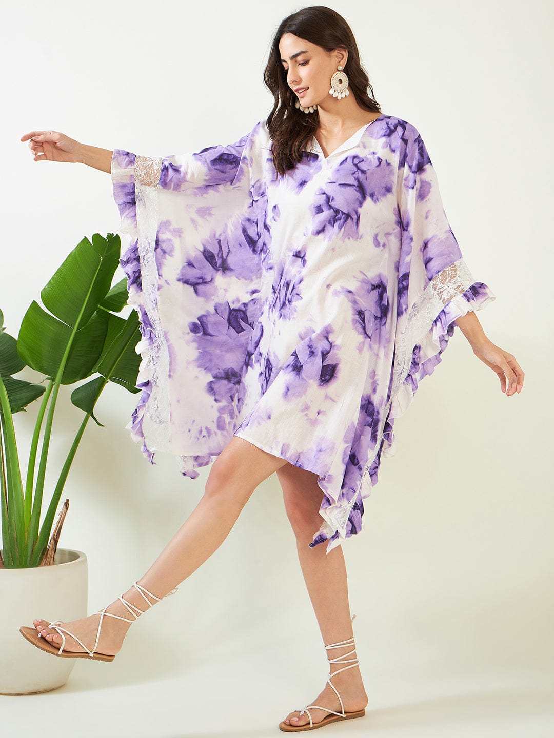 Women's Cotton Tie Dye Print Knee Length Kaftan Drees Beach Cover Up, Spring Casual Wear ( Purple White )