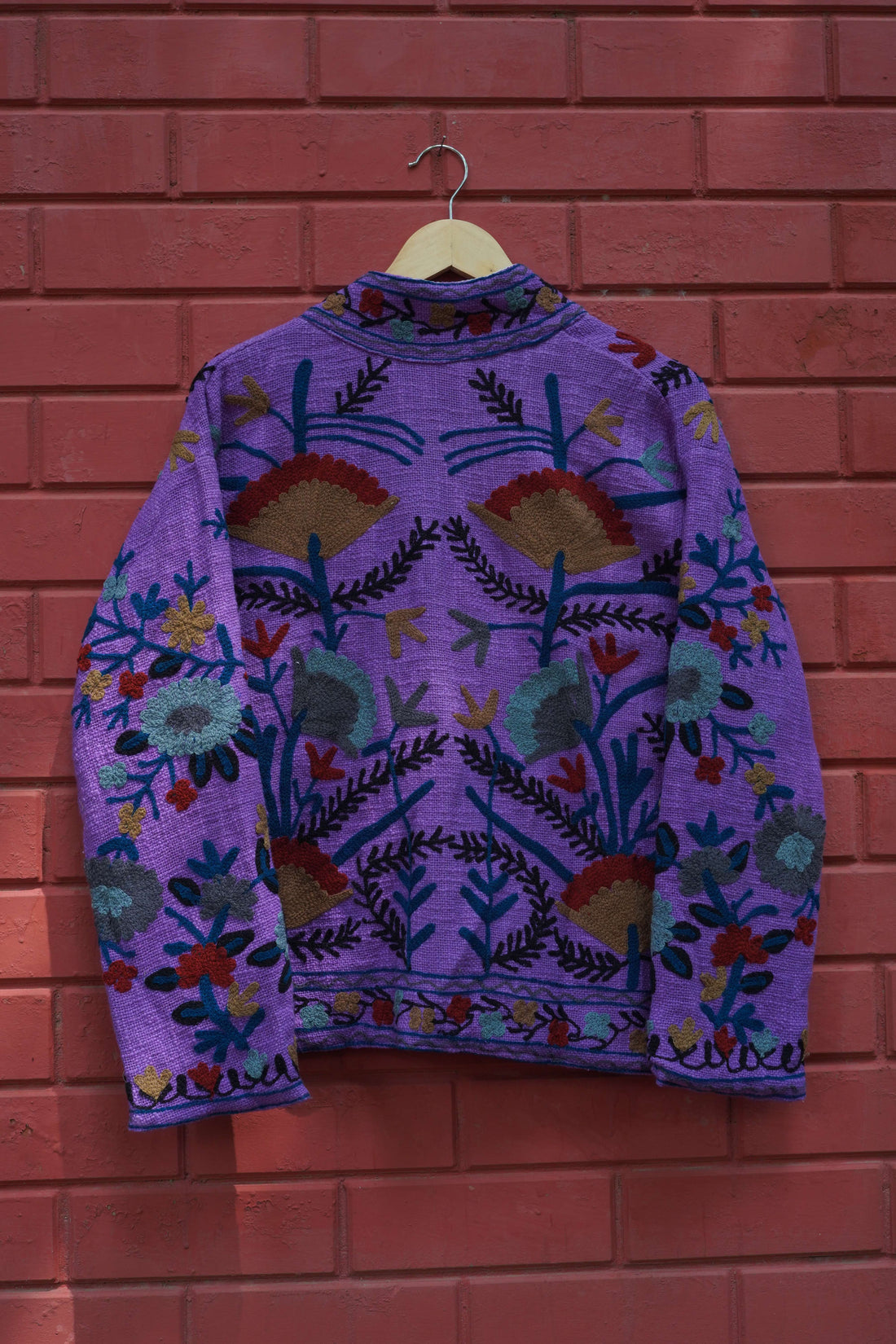 Womens Dark Purple Velvet Embroidered Jacket with Floral Design